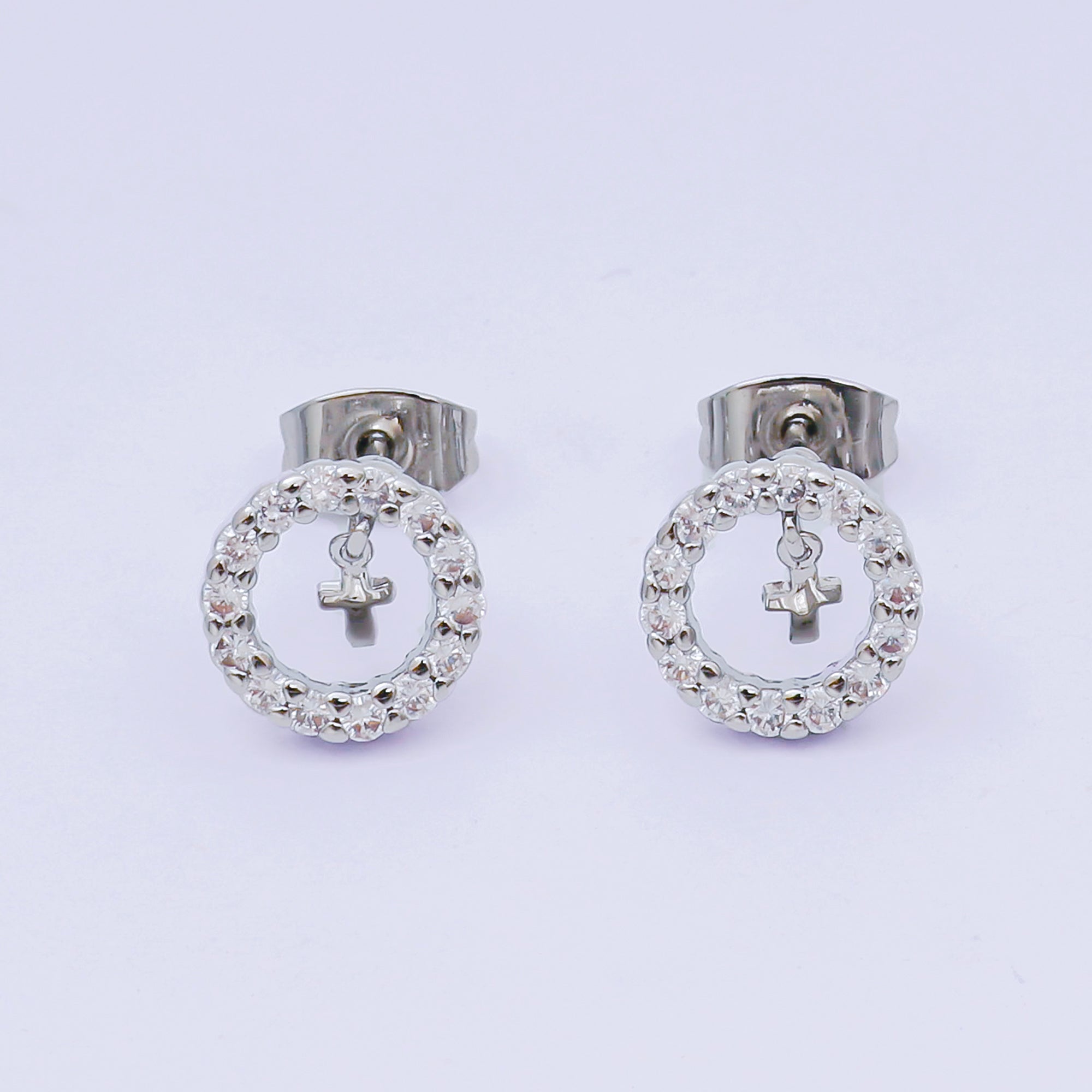 24K Gold Filled Micro Paved CZ Round Framed Christian Cross Stud Earrings in Gold & Silver | AJ132 AJ133