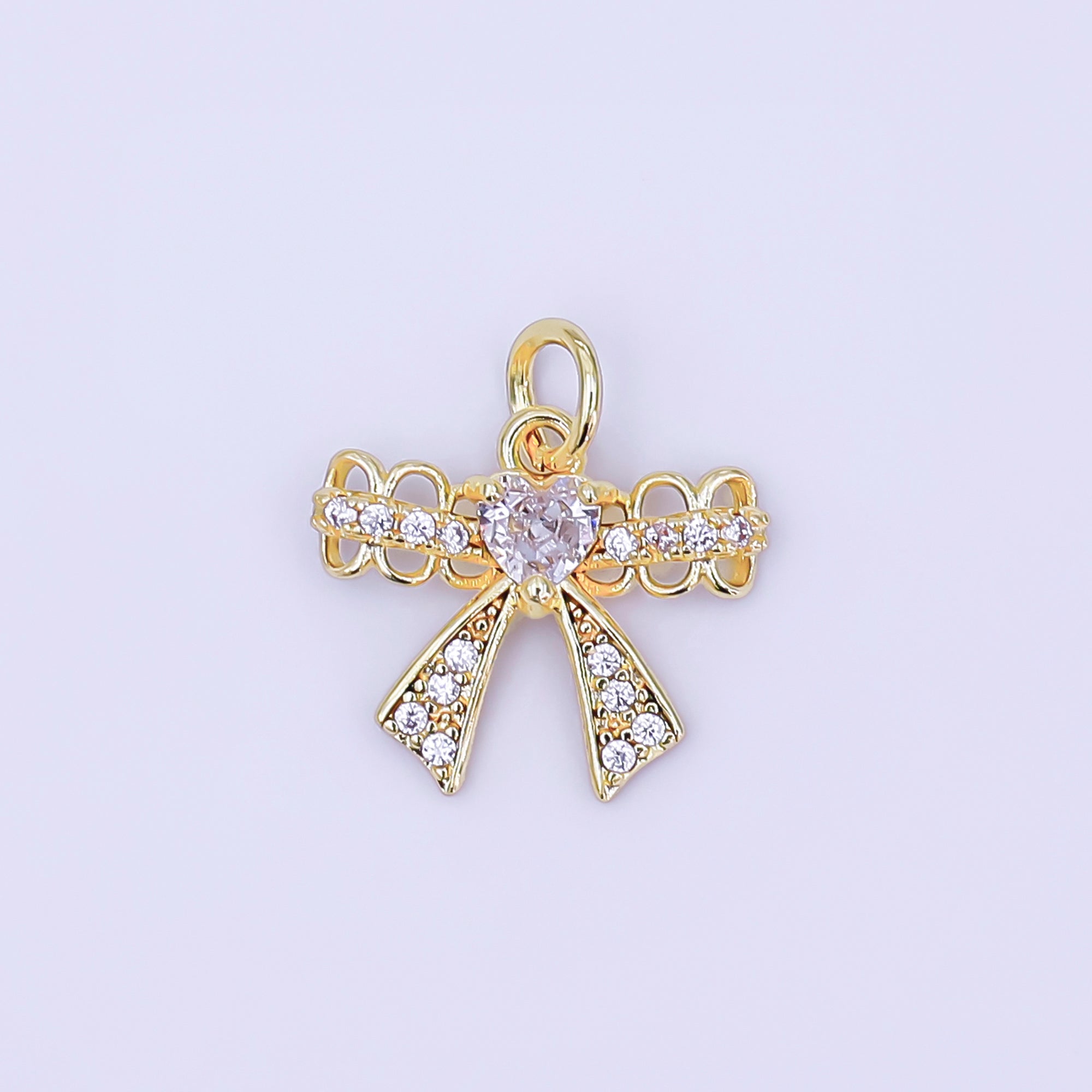 24K Gold Filled Heart CZ Micro Paved Bow Ribbon Charm | AJ297