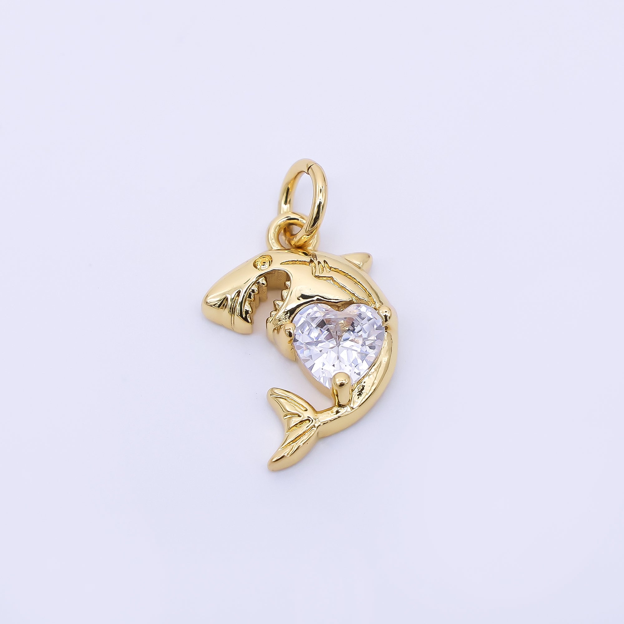 24K Gold Filled 15mm Heart-Shaped CZ Sea Creature Wild Shark Animal Charm | AJ395