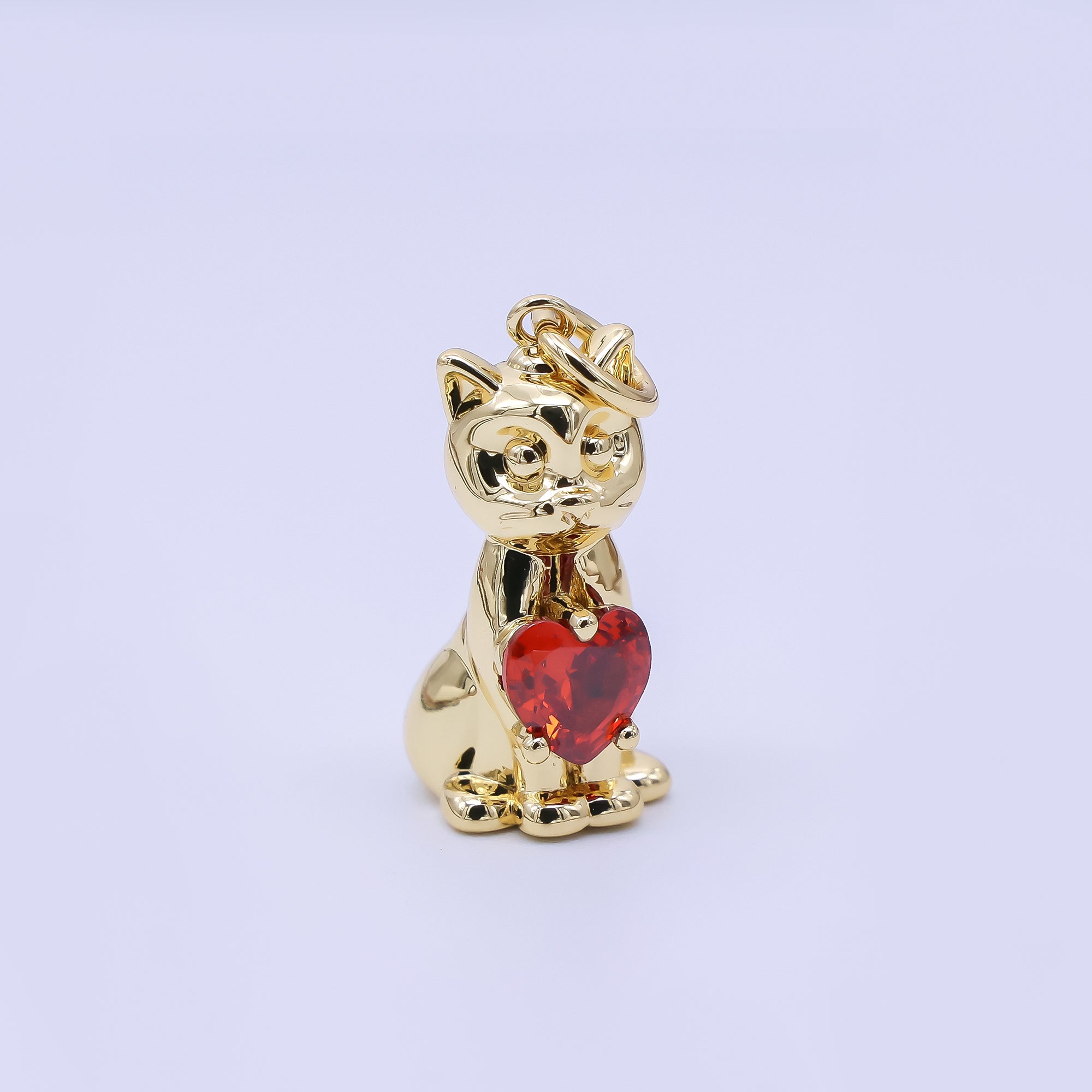 24K Gold Filled 17.5mm Red Heart-Shaped CZ Kitty Cat Pet Charm | AJ398