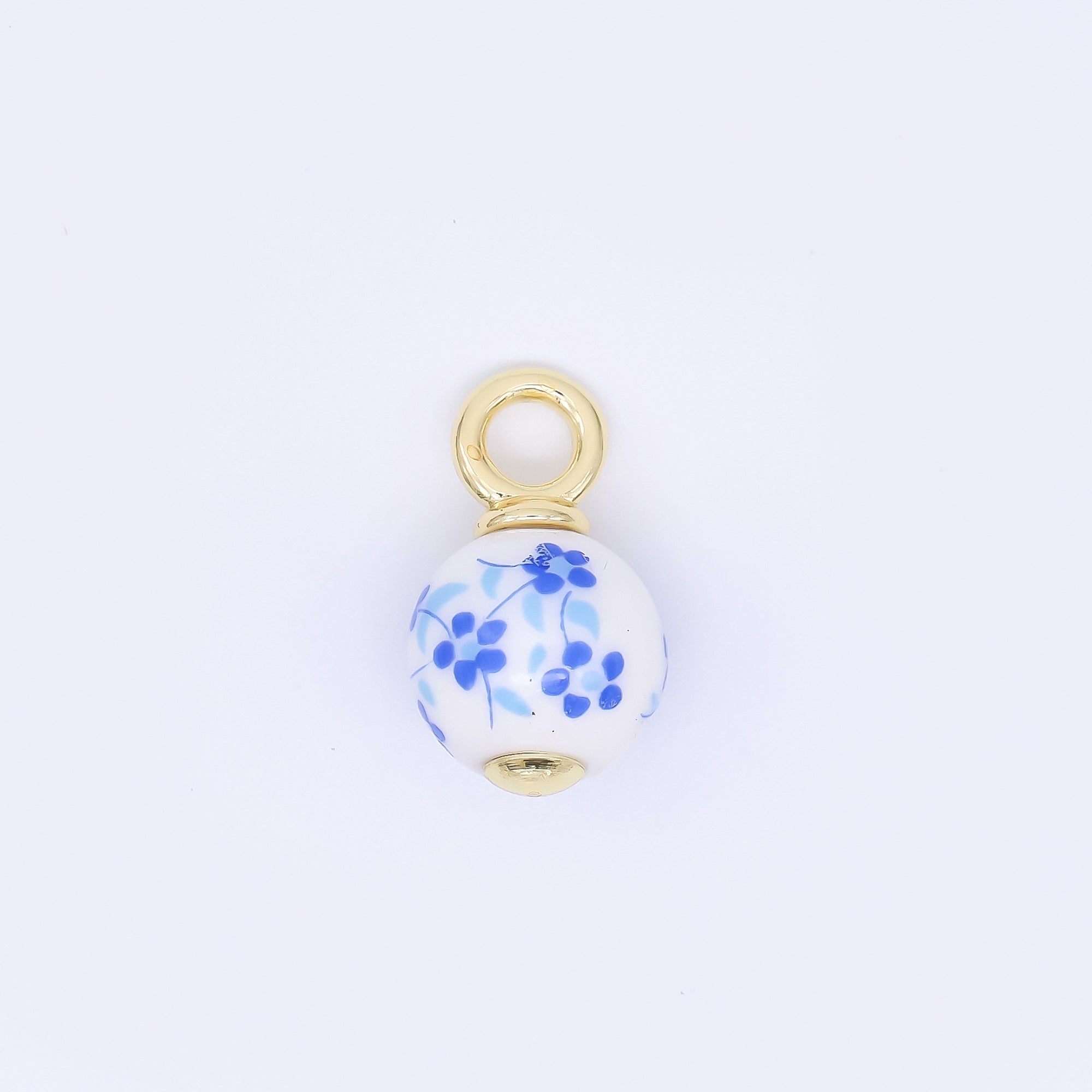 24K Gold Filled Blue-White Daisy Flower Ceramic Porcelain Round Drop Charm | AJ400