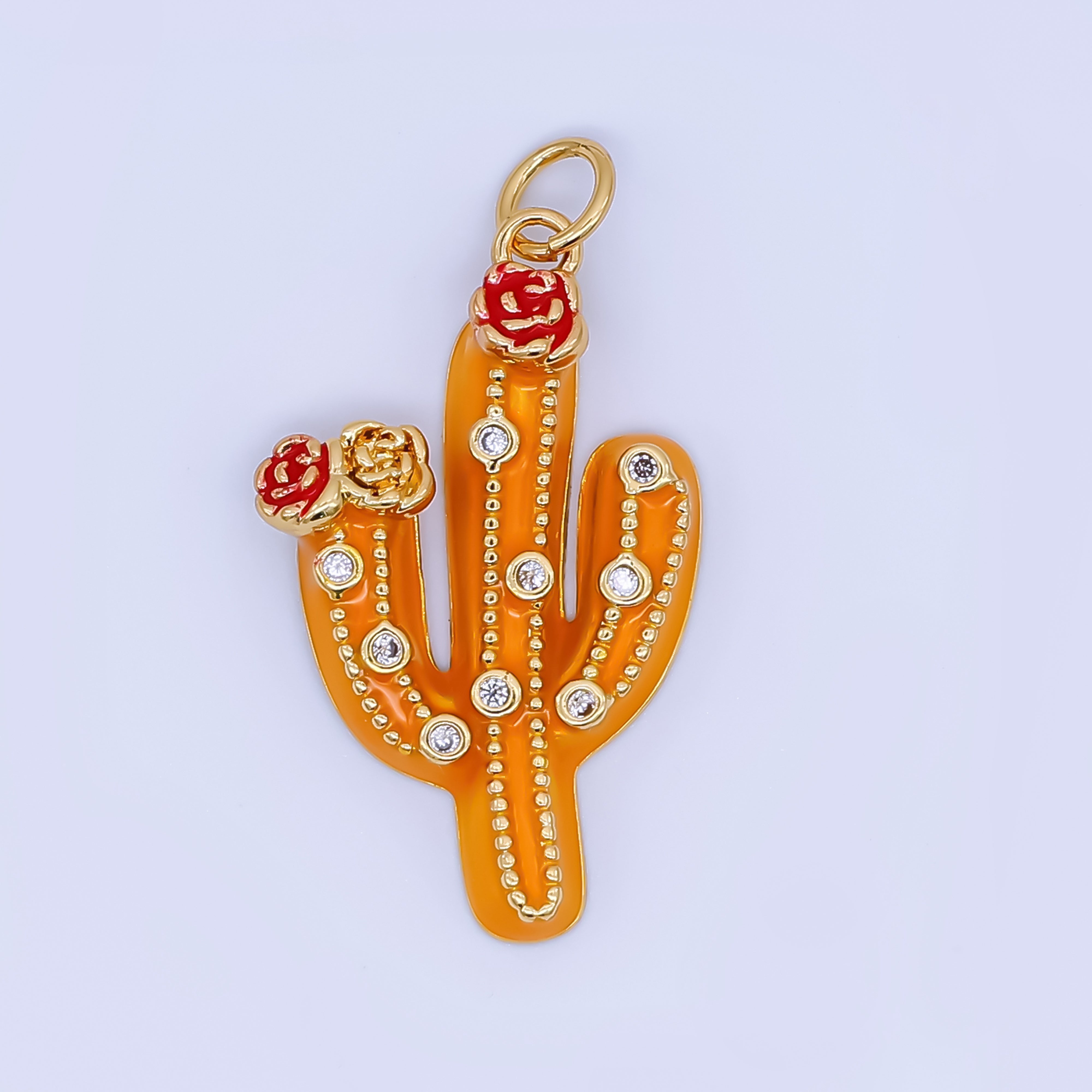 24K Gold Filled 27mm Clear CZ Dotted Enamel Red Flower Cactus Plant Charm | AJ433 AJ434
