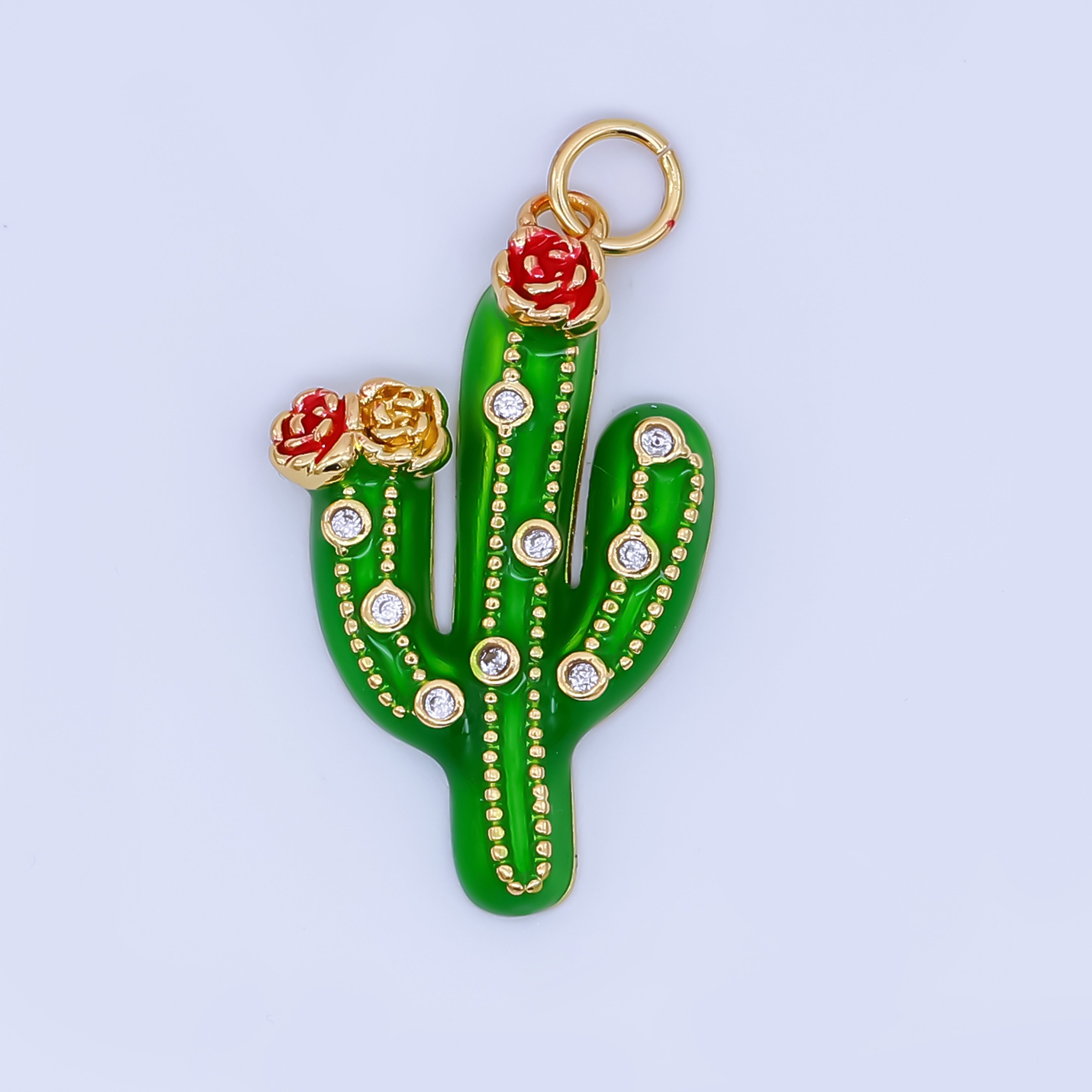 24K Gold Filled 27mm Clear CZ Dotted Enamel Red Flower Cactus Plant Charm | AJ433 AJ434