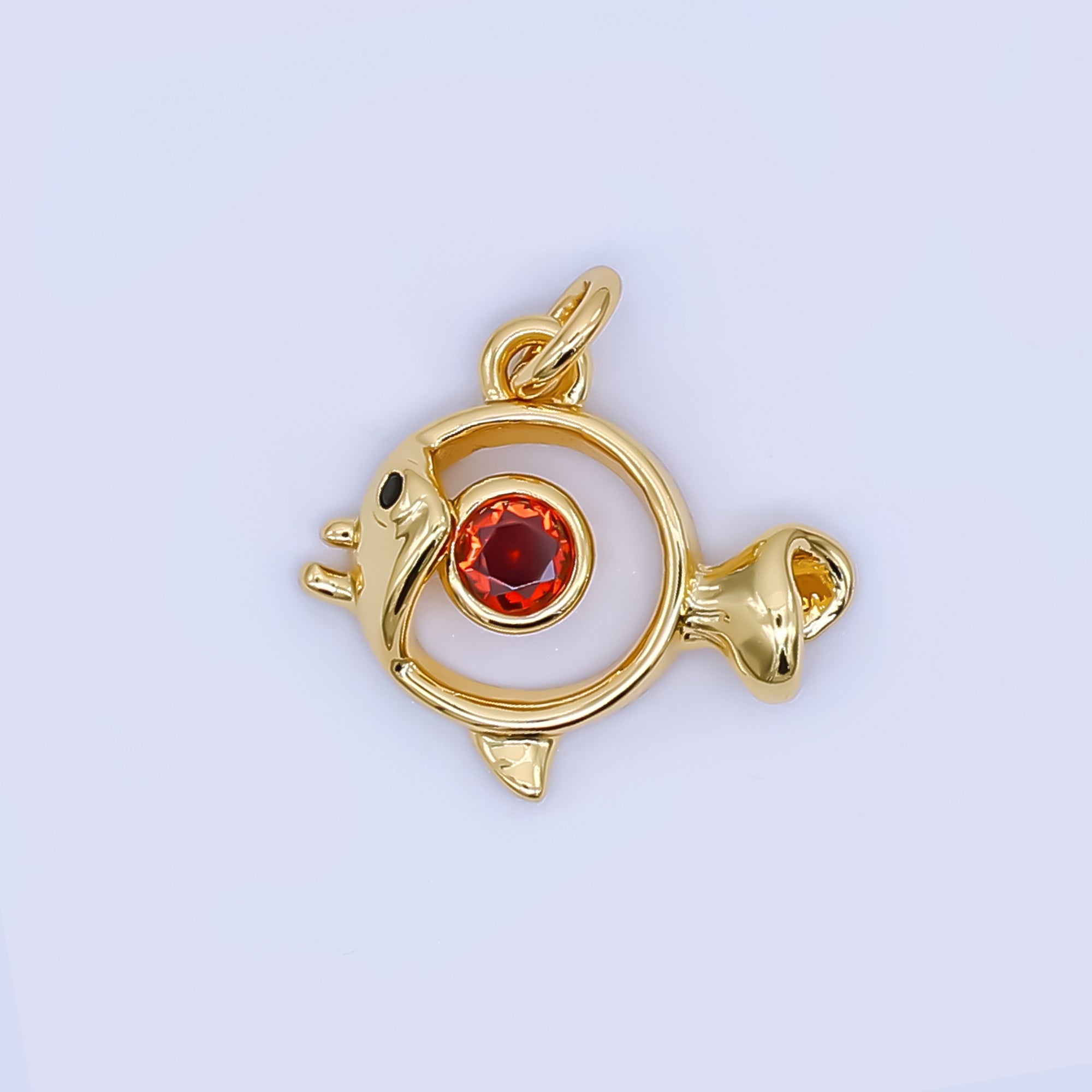 24K Gold Filled Mini Fish Pendant Red CZ Stone Animal Pet Charm | AJ-461