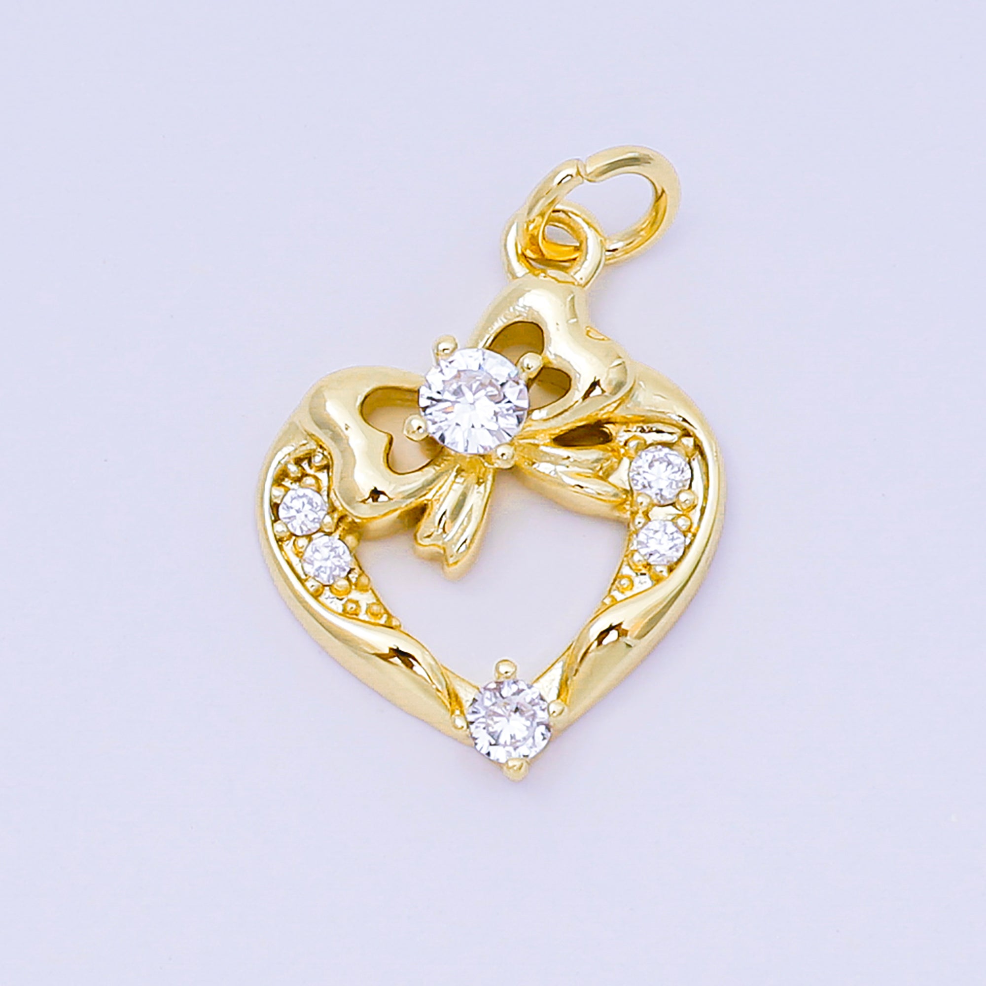 24K Gold Filled 17.5mm Micro Paved CZ Ribbon Bow Open Heart Charm in Gold & Silver | AJ472