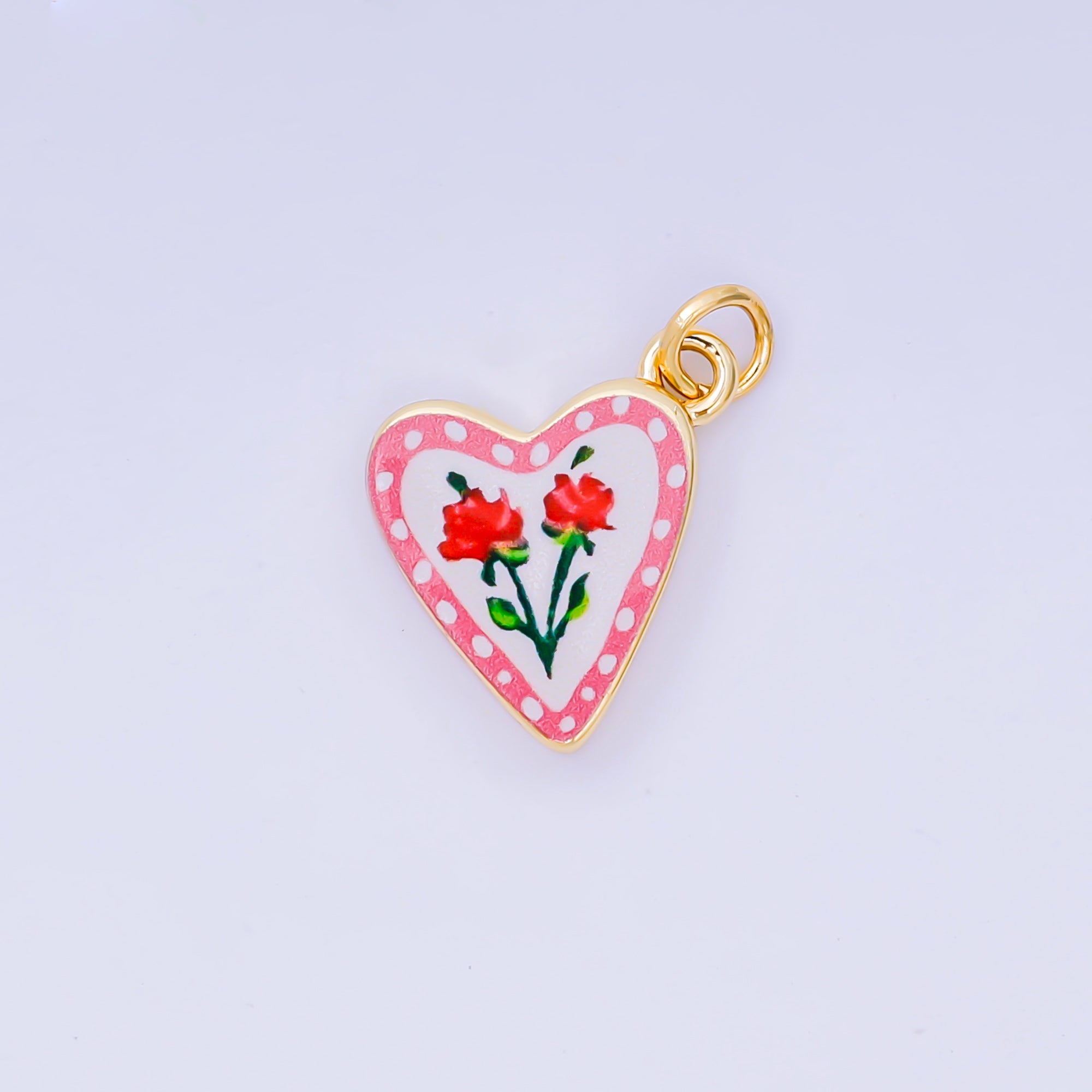 24K Gold Filled 17mm Rose, Cherry Enamel Heart Charm | AJ516 AJ524