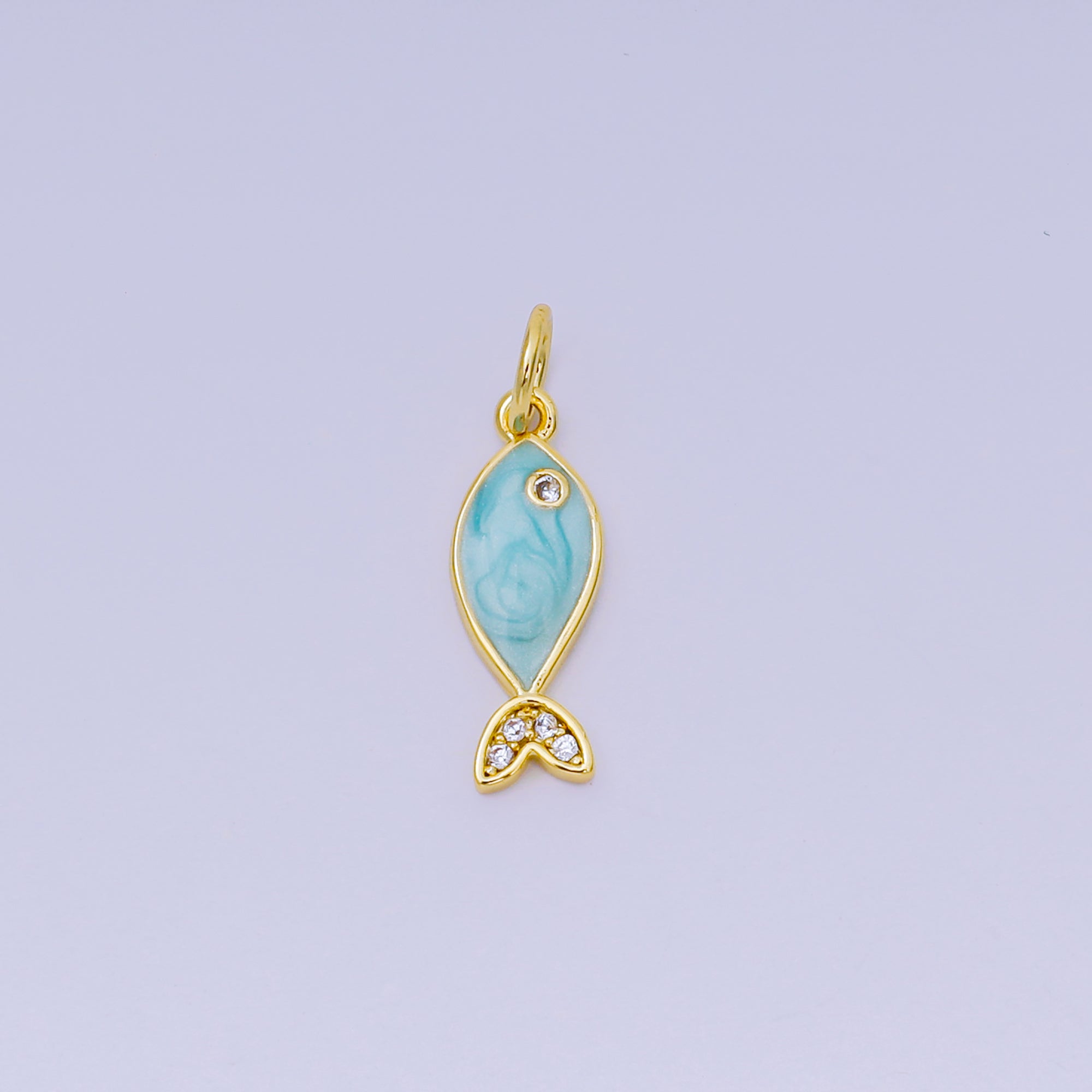 24K Gold Filled 16mm Blue, Red Enamel Micro Paved Fish Charm | AJ-550