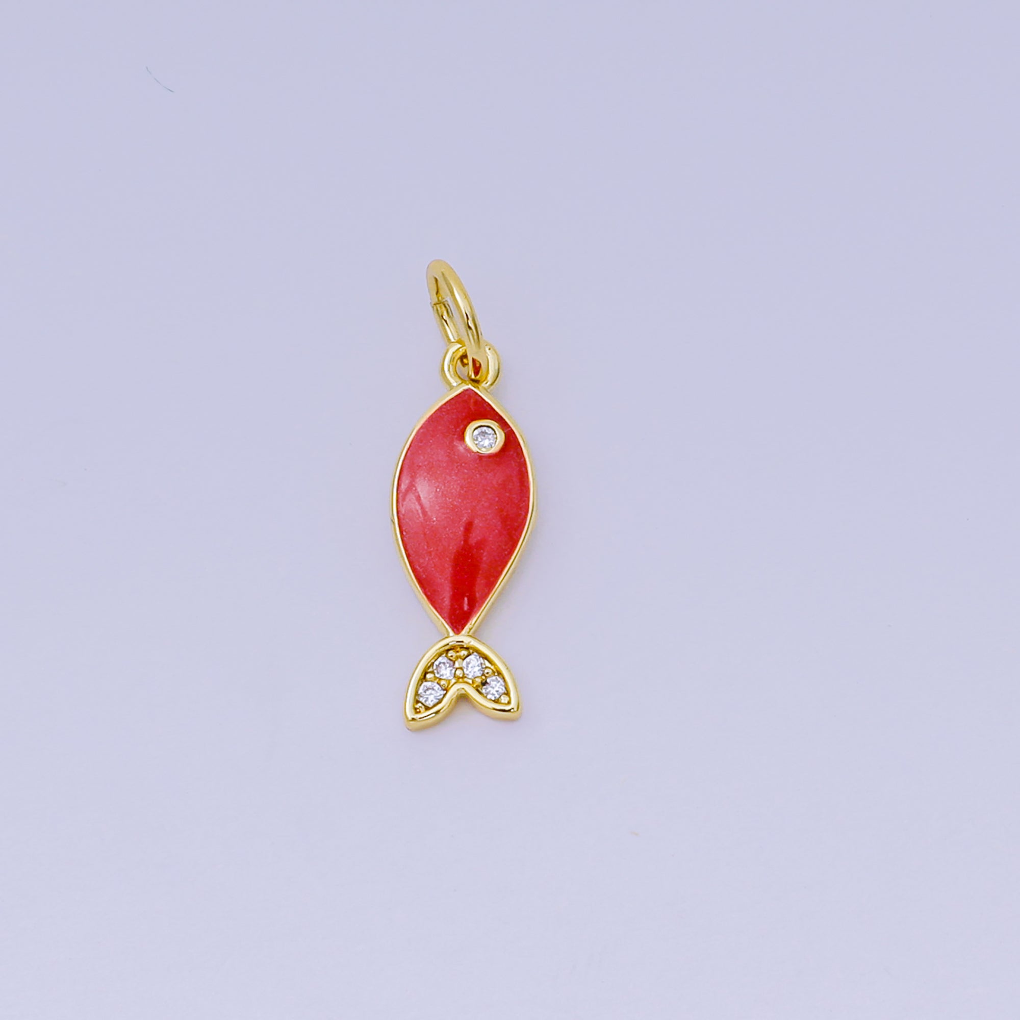 24K Gold Filled 16mm Blue, Red Enamel Micro Paved Fish Charm | AJ-550