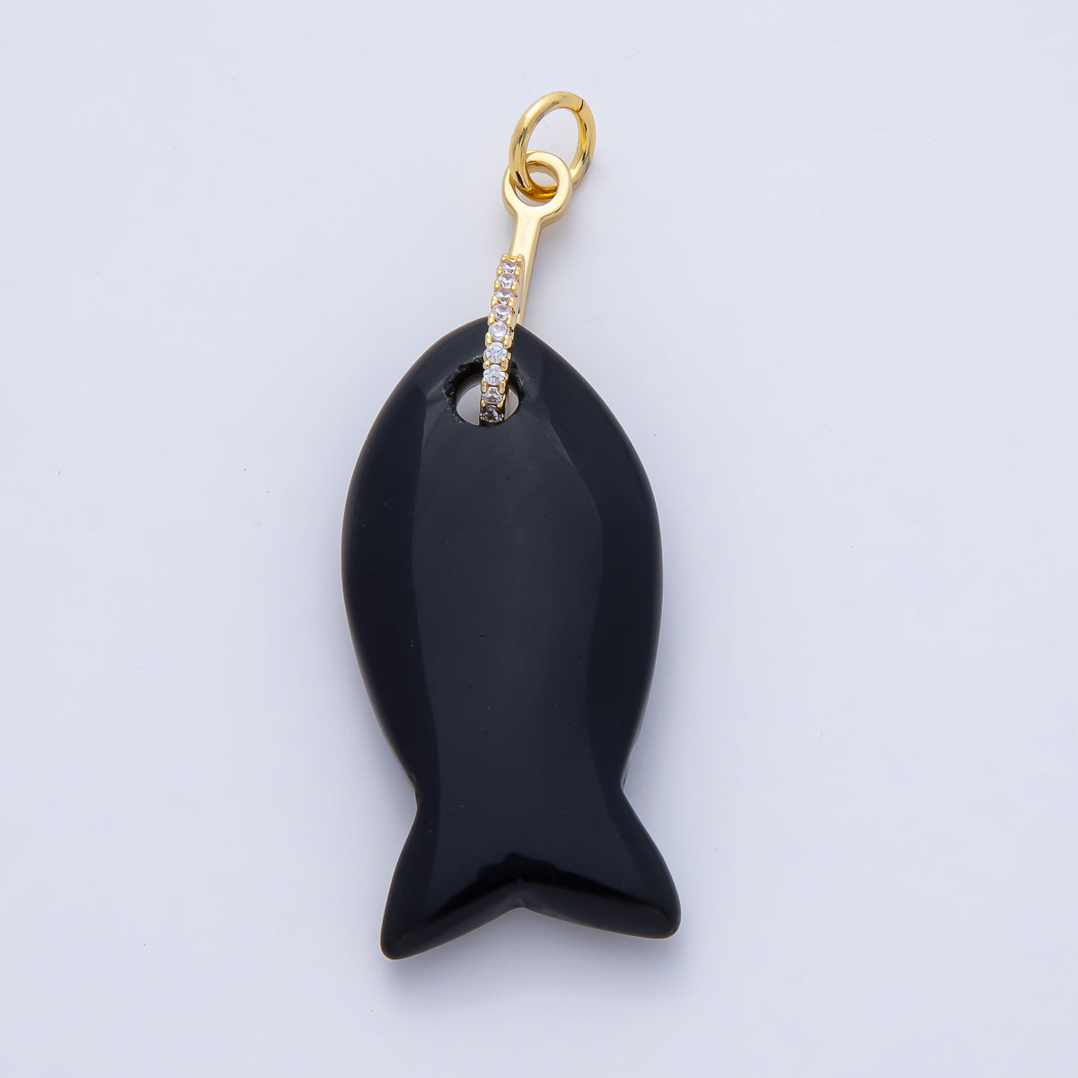 18K Gold Filled 51mm Quartz, Agate, Jasper, Topas Gemstone Fish Charm with CZ Charm  | AK001