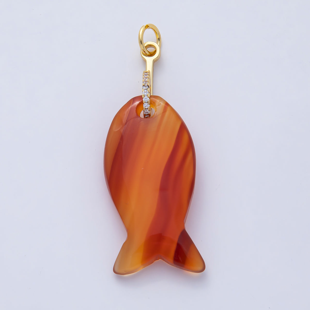 18K Gold Filled 51mm Quartz, Agate, Jasper, Topas Gemstone Fish Charm with CZ Charm  | AK001