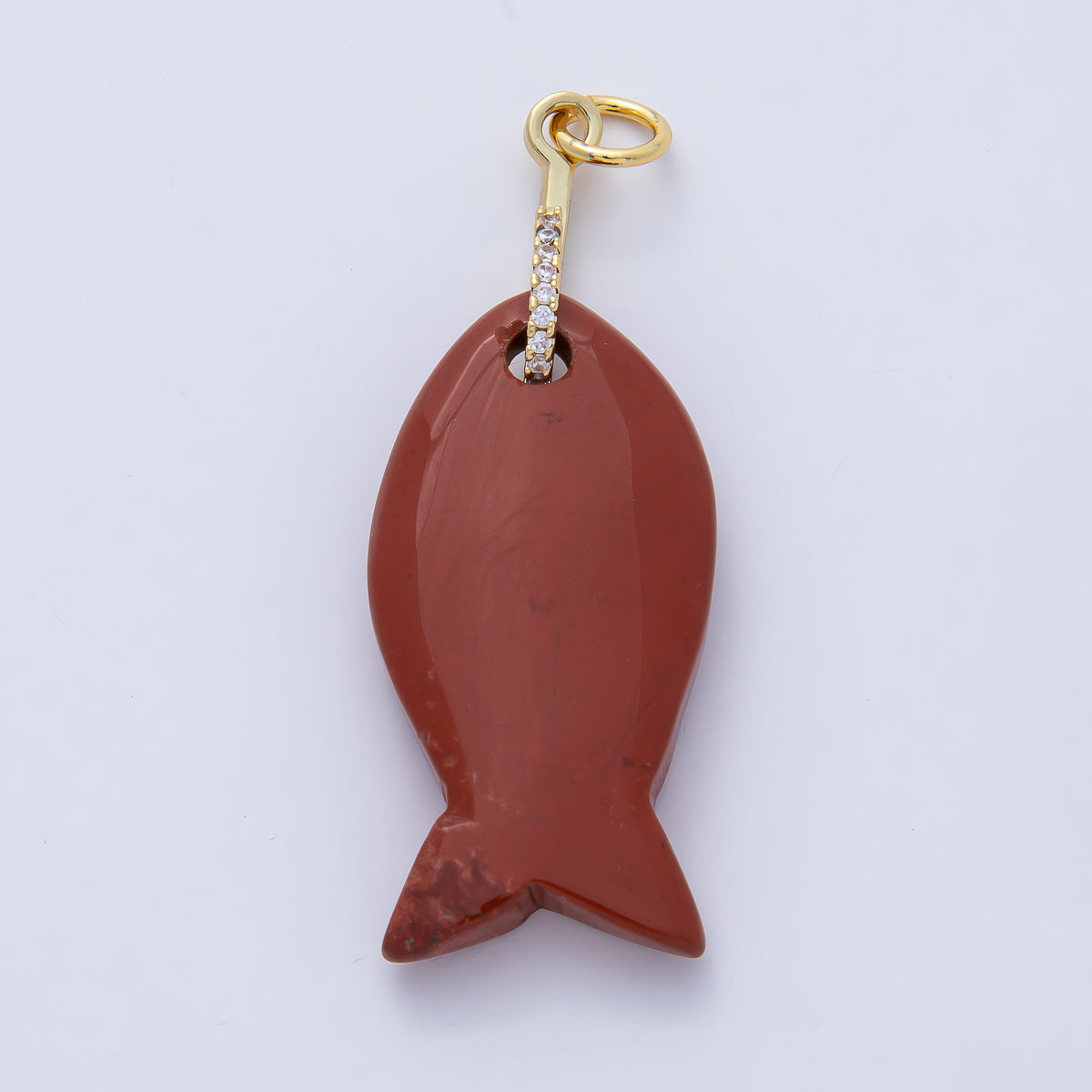 18K Gold Filled 51mm Quartz, Agate, Jasper, Topas Gemstone Fish Charm with CZ Charm  | AK001
