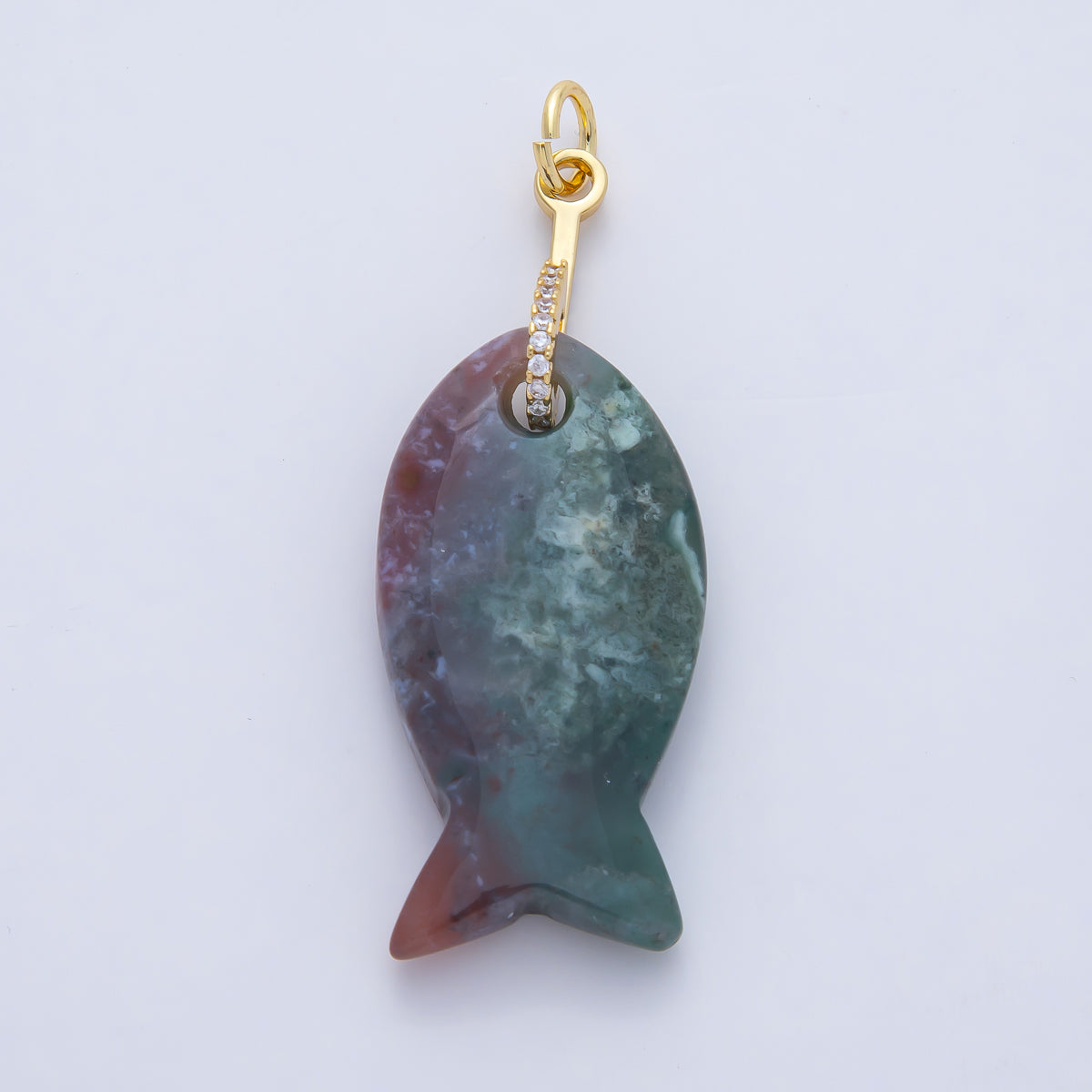 18K Gold Filled 51mm Quartz, Agate, Jasper, Topas Gemstone Fish Charm with CZ Charm  | AK001