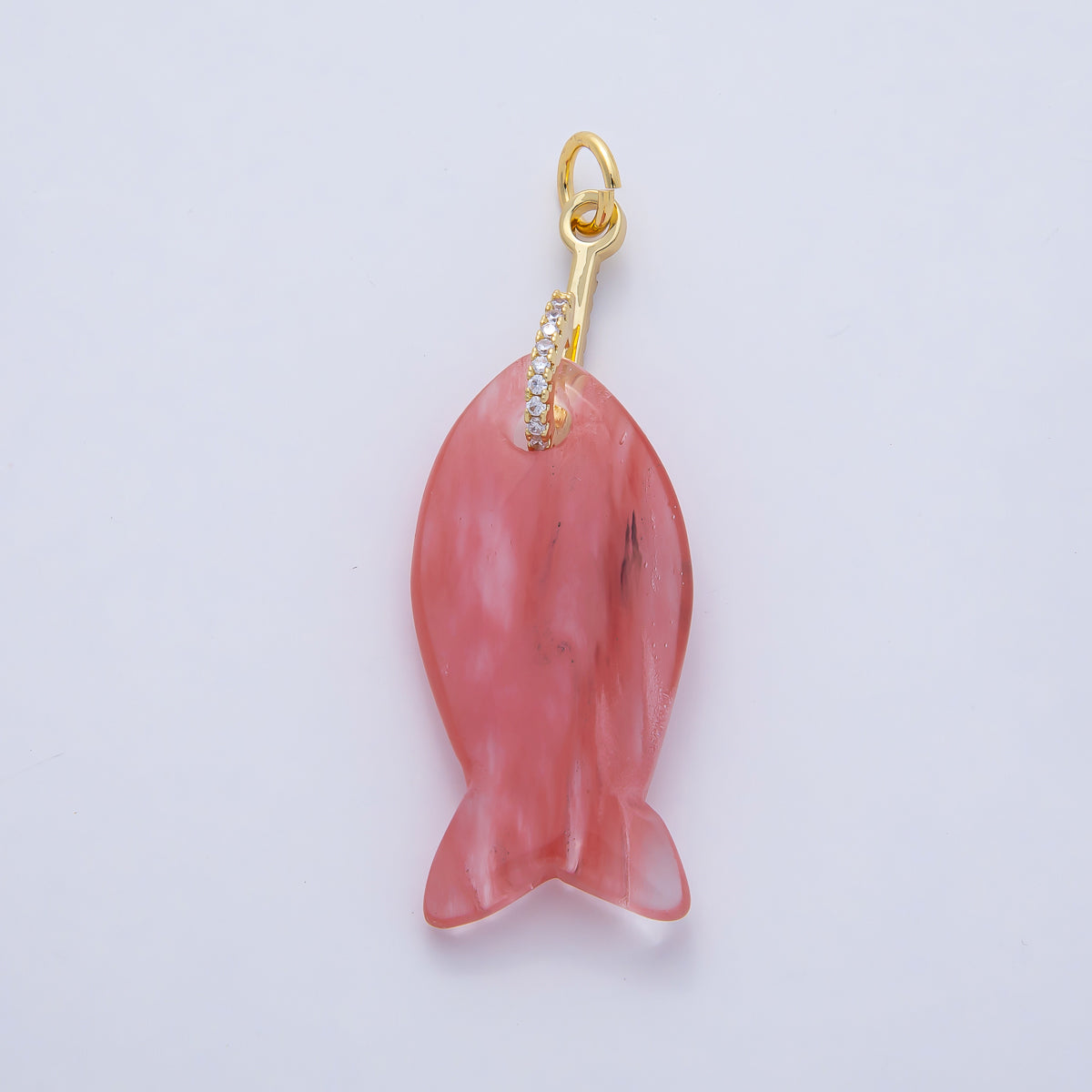 18K Gold Filled 51mm Quartz, Agate, Jasper, Topas Gemstone Fish Charm with CZ Charm  | AK001