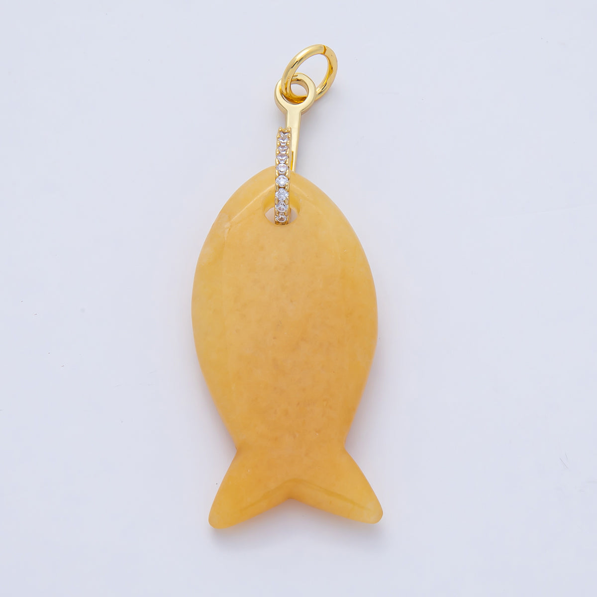 18K Gold Filled 51mm Quartz, Agate, Jasper, Topas Gemstone Fish Charm with CZ Charm  | AK001