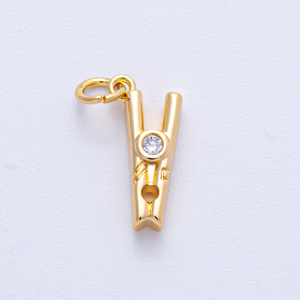 18K Gold Filled 16mm Clear CZ Clothespin Mini 3D Multidimensional Charm | AK012