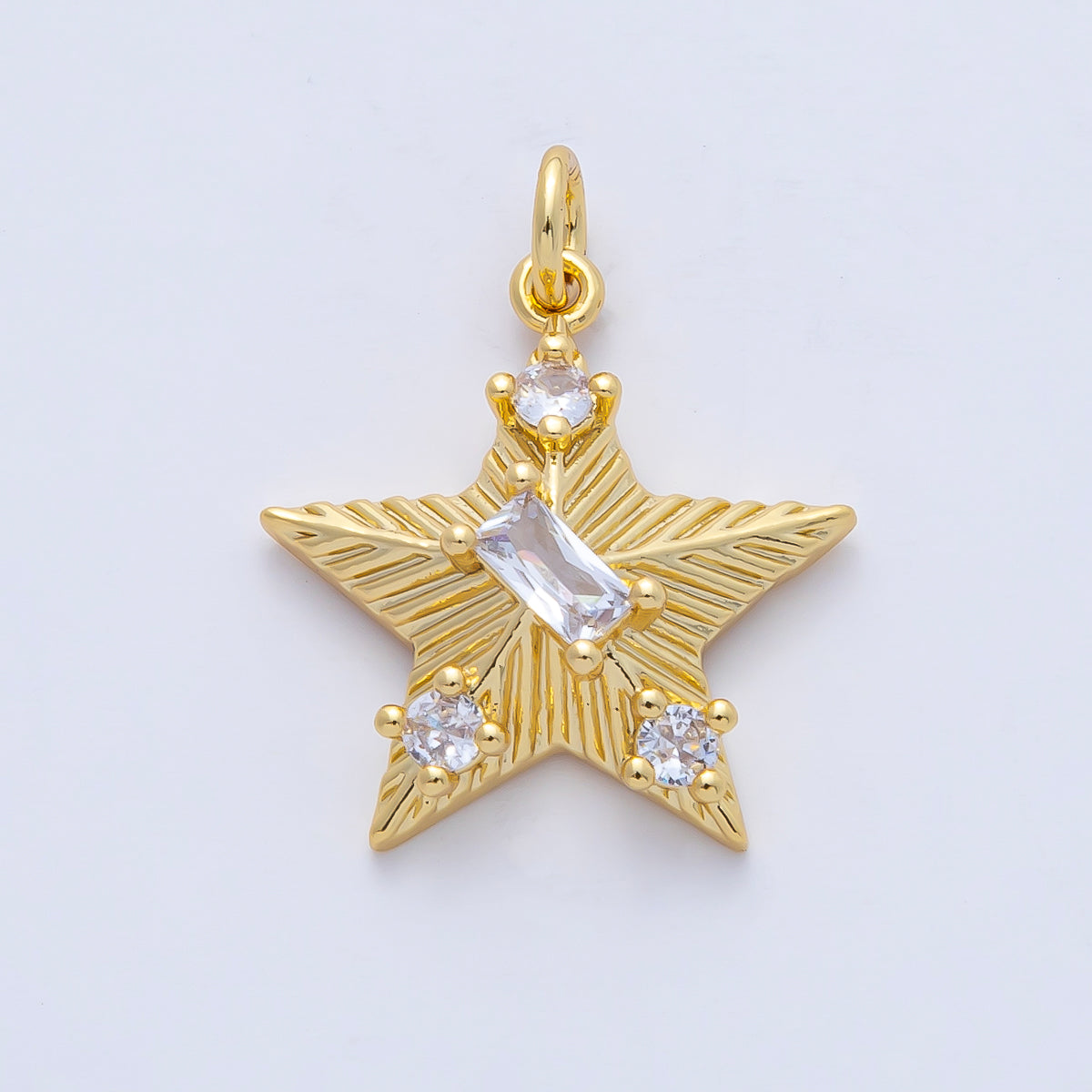 18K Gold Filled 20mm Clear CZ Baguette Round Sunburst Star Charm | AK020