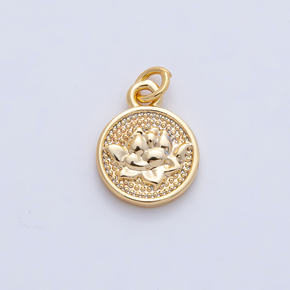 18K Gold Filled 12.5mm Lotus Flower Textured Round Mini Charm | AK044