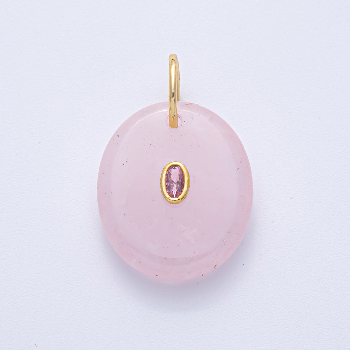 18K Gold Filled 27mm CZ Embedded Rose Quartz, Clear Quartz, Amethyst Oval Gemstone Charm | AK058 AK059