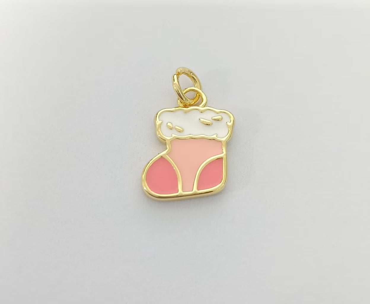18K Gold Filled Pink Enamel Snow Socks Boots Christmas Charm | AK115