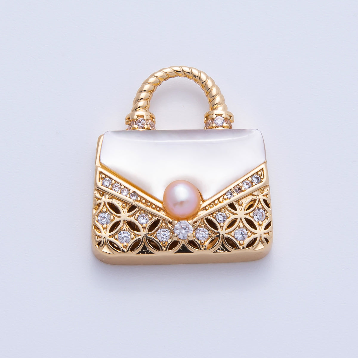 18K Gold Filled 19mm White, Pink Shell Pearl Micro Paved CZ Top Handle Bag Pendant | AK153