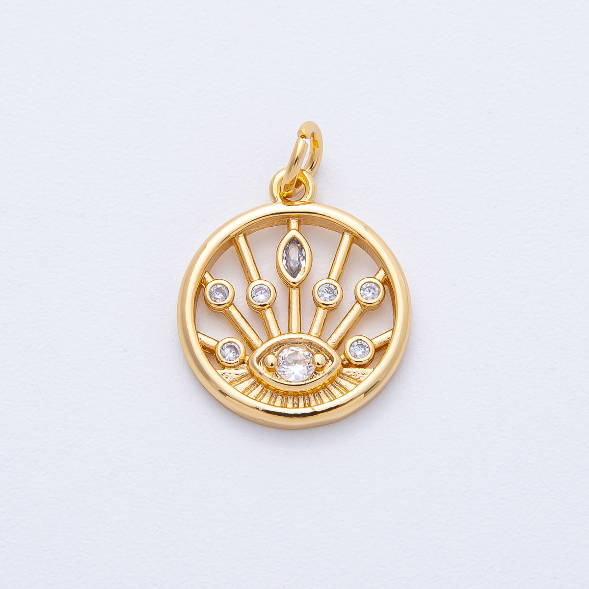 18K Gold Filled 18mm Sunburst Evil Eye CZ Round Charm | AK174