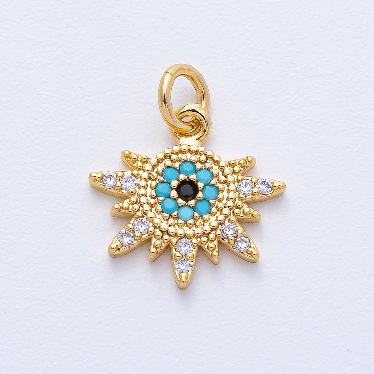 18K Gold Filled 14mm Micro Paved CZ Turquoise Evil Eye Celestial Sun Ray Burst Charm | AK200