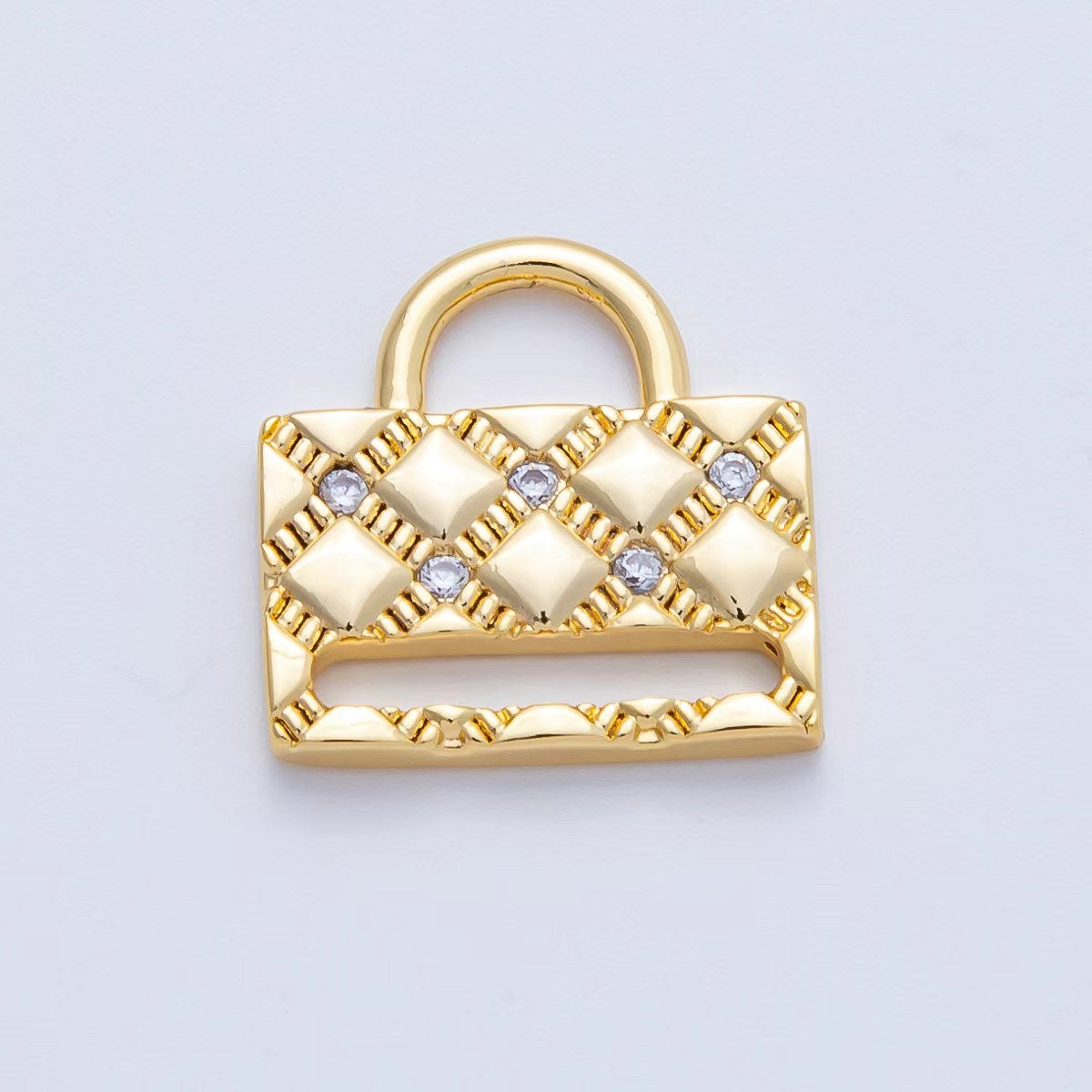 18K Gold Filled 16.6mm Quilted CZ Top Handle Handbag Charm | AK203