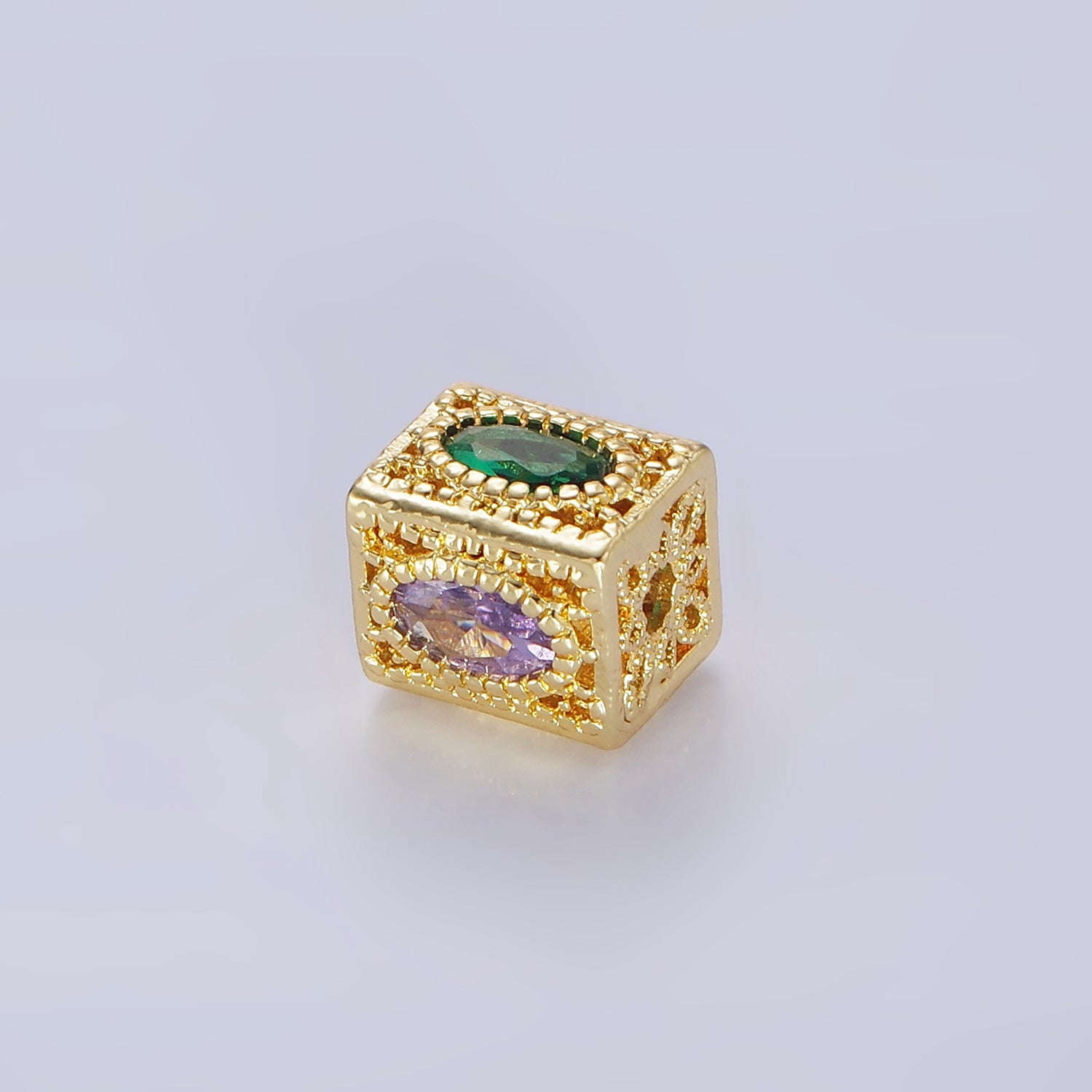 14K Gold Filled 8mm Multicolor Oval CZ Flower Filigree Rectangular Bead | B883