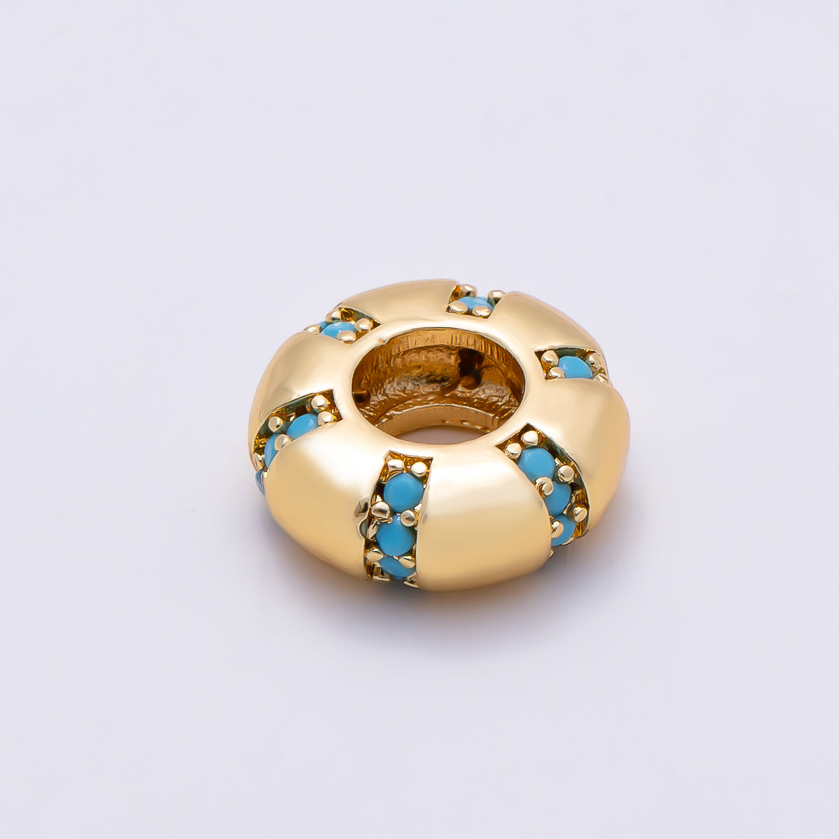 16K Gold Filled 10mm Turquoise Micro Paved Lined Rondelle Bead in Gold & Silver | Beads-00516 Beads-00517