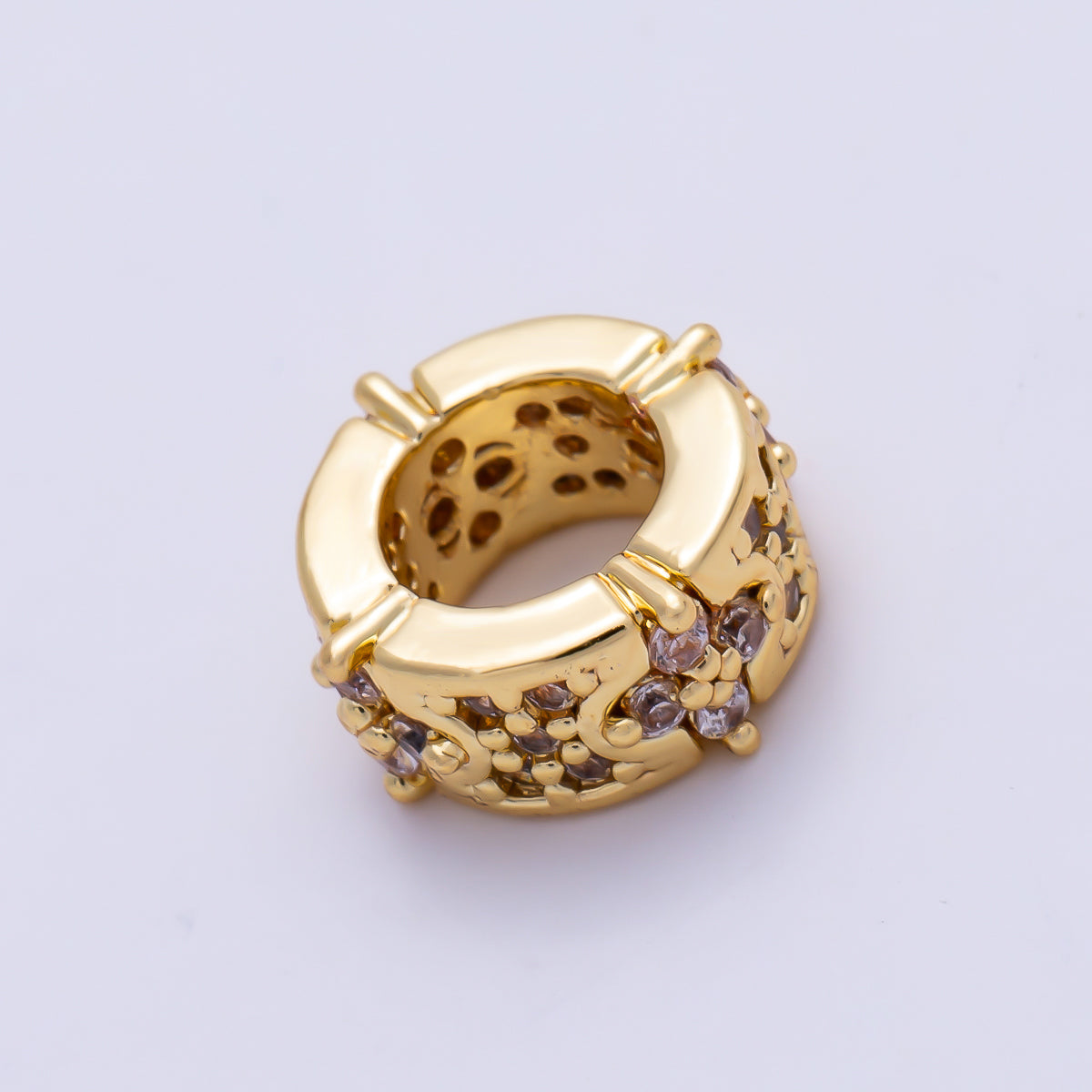 16K Gold Filled 10mm Clear Micro Paved CZ Flower Clover Rondelle Bead | Beads-00532