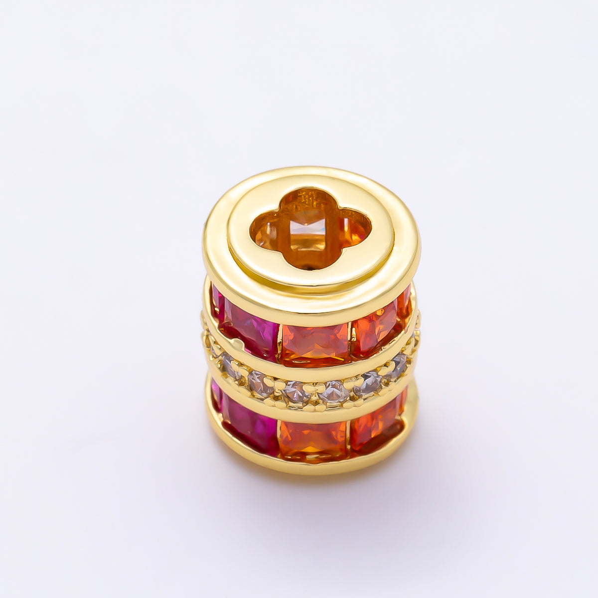 16K Gold Filled 12mm Red Pink Baguette Gradient Micro Paved CZ Wide Bead | Beads-00539