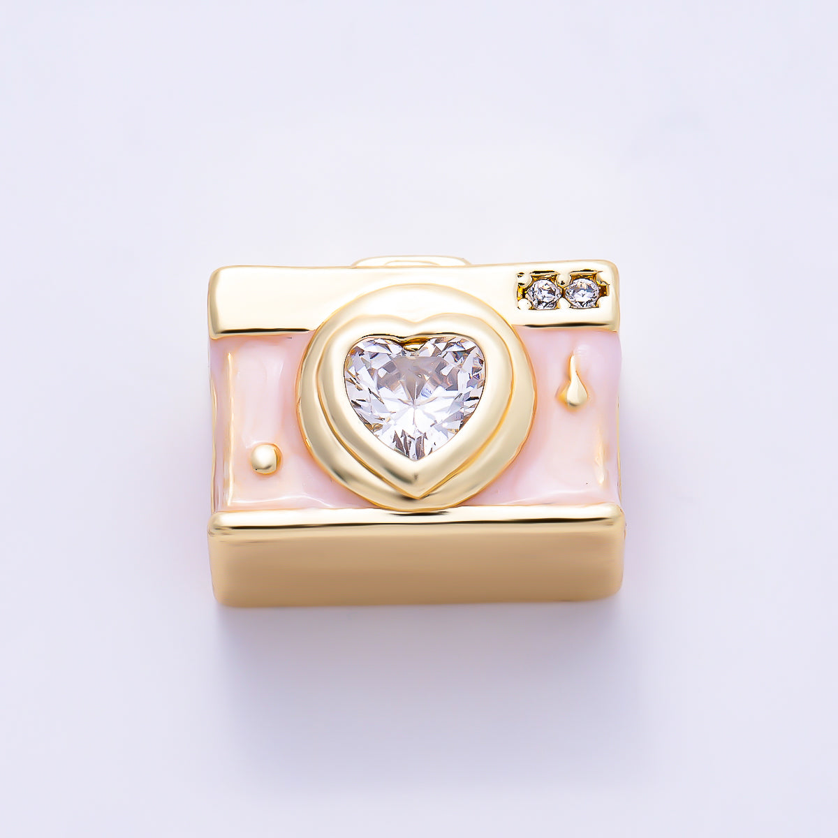 16K Gold Filled 14mm Clear Heart CZ Mini Camera Enamel Spacer Bead | Beads-00570 - Beads-00571