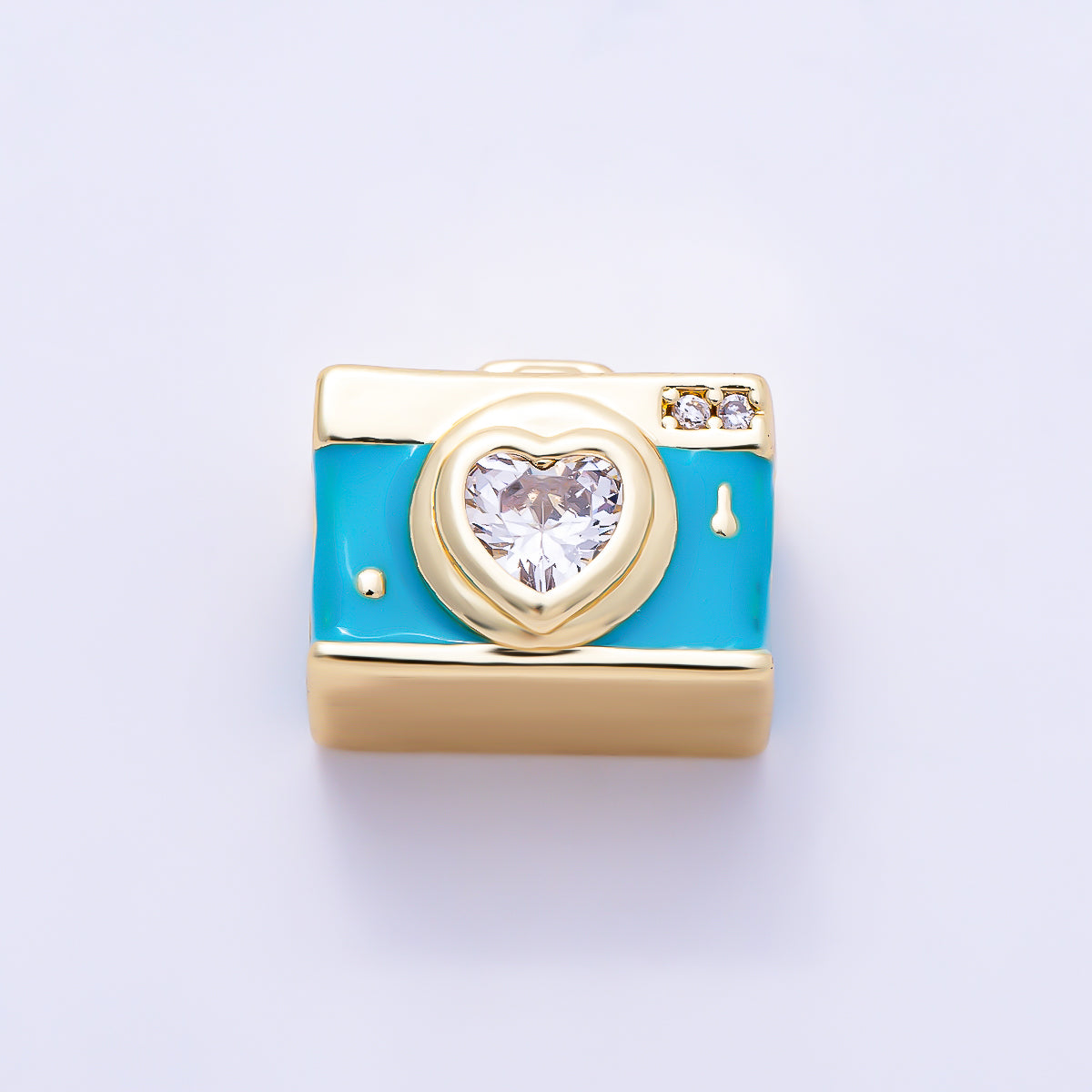 16K Gold Filled 14mm Clear Heart CZ Mini Camera Enamel Spacer Bead | Beads-00570 - Beads-00571