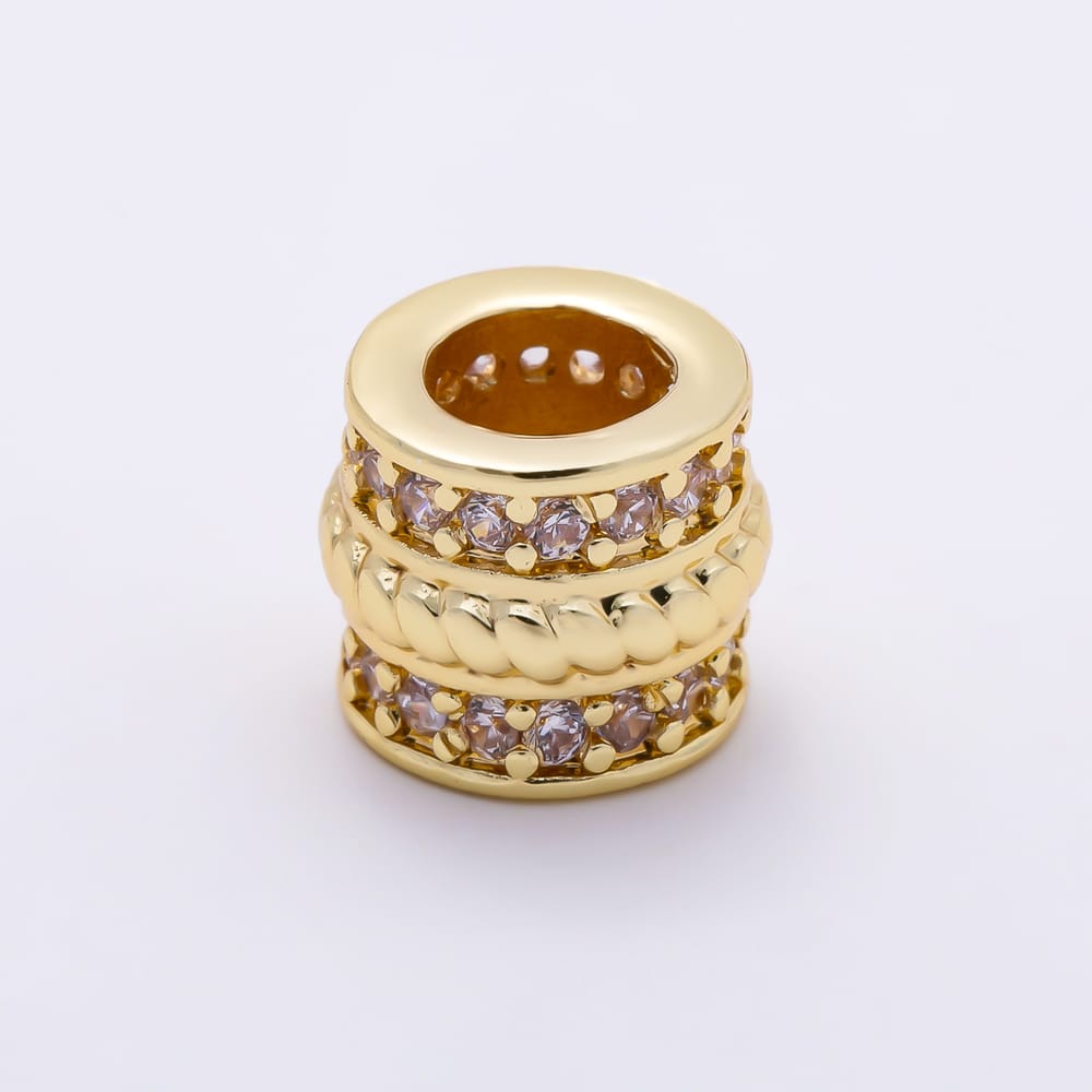 16K Gold Filled 8mm Clear Micro Paved CZ Twisted Rope Barrel Spacer Bead | Beads-00610