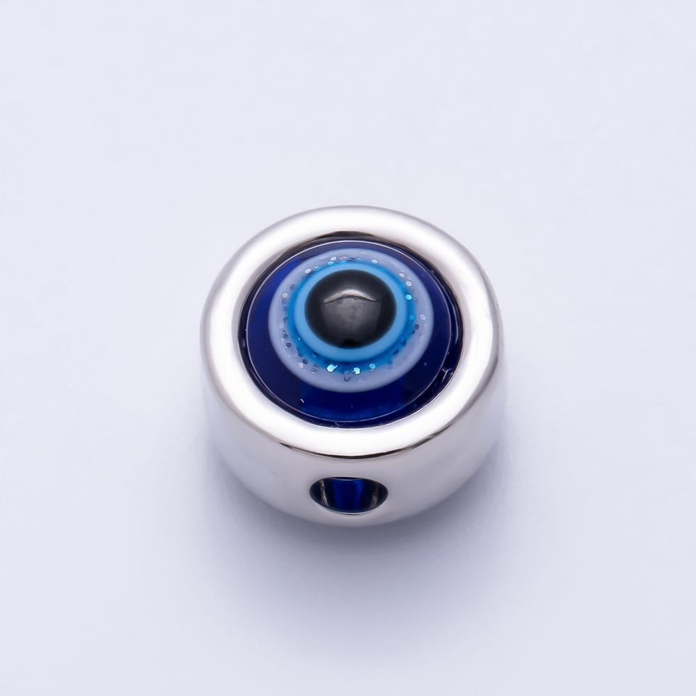 16K Gold Filled 11mm Blue Enamel Evil Eye Round Bezel Bead in Gold & Silver | Beads-00641 Beads-00642