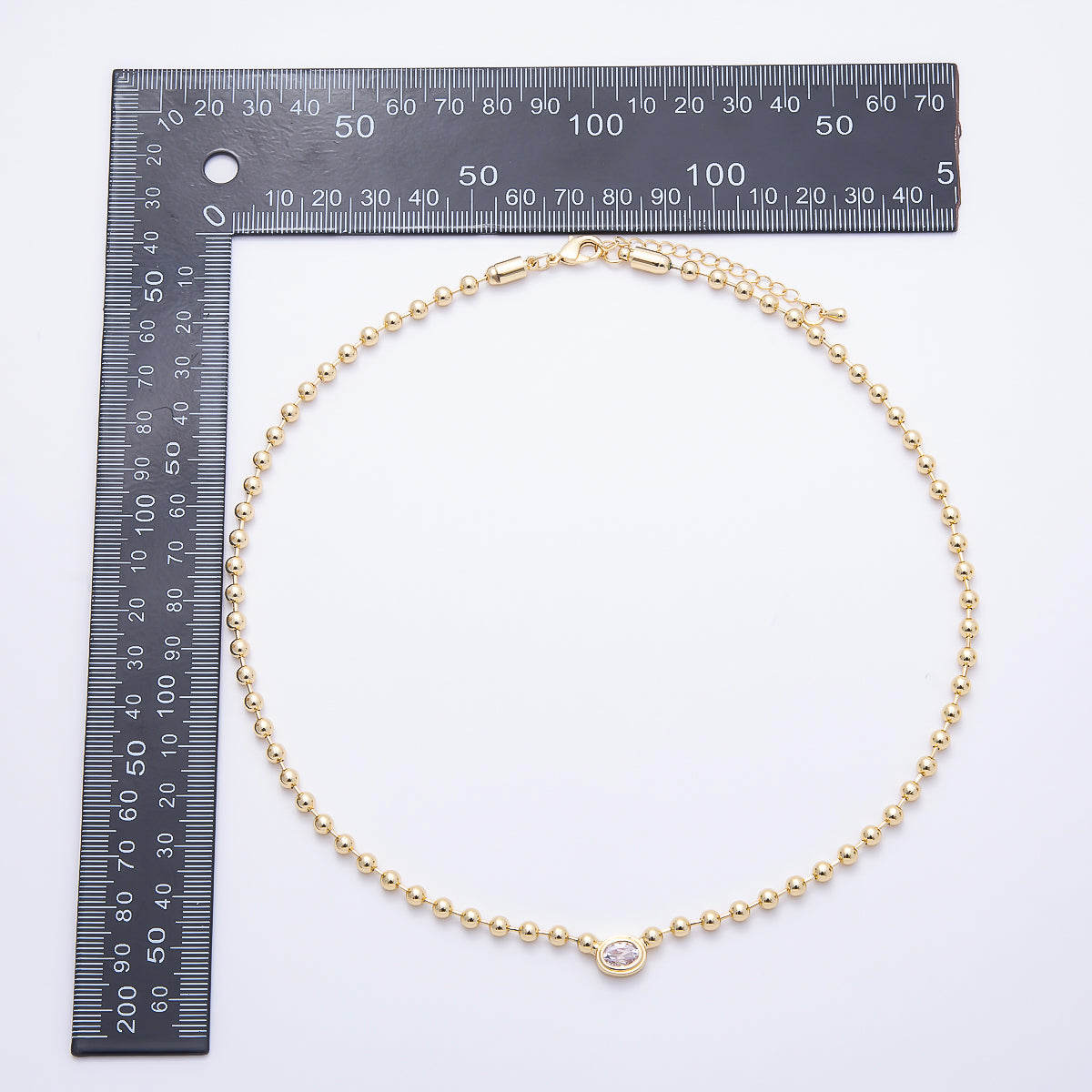 16K Gold Filled 10mm Oval Bezel CZ Minimalist Ball Chain 18 Inch Necklace | WA-00320