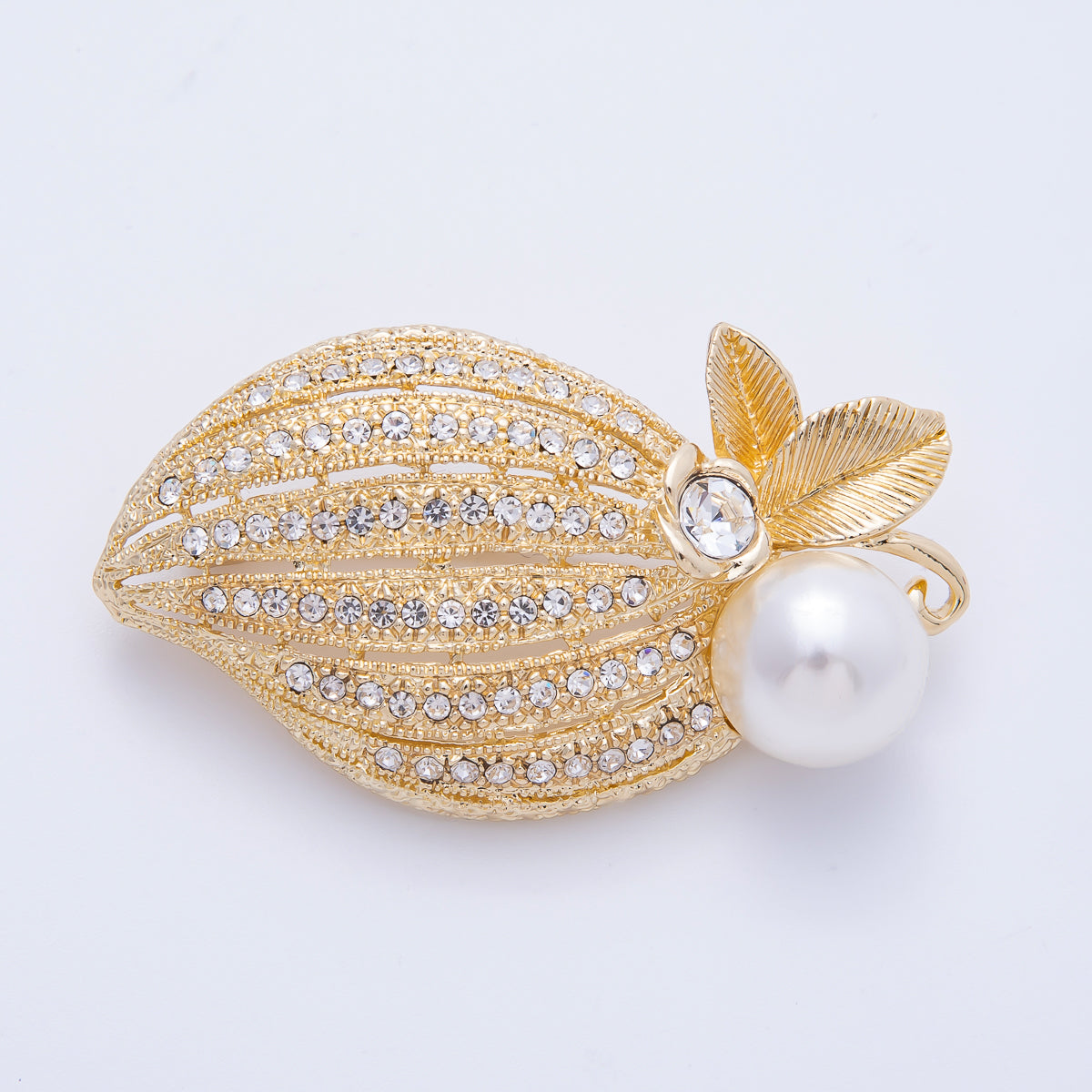 Gold 55.5mm x 32mm Acrylic Pearl Leaf Flower Nature Pin Brooch | BH-031