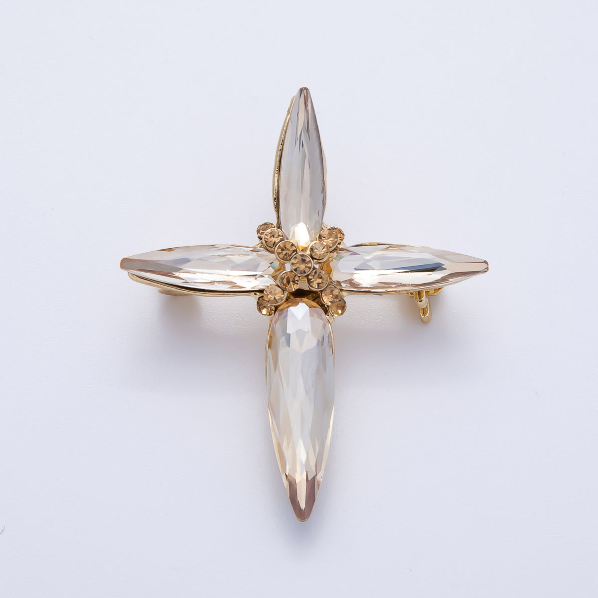 Gold 39mm x 33mm Marquise Rhinestone Tied Cross Pin Brooch | BH-056