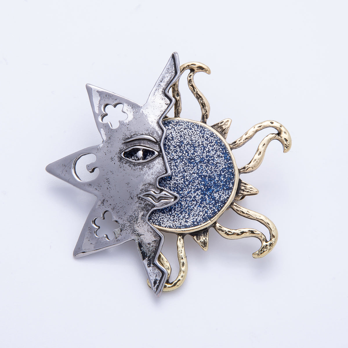 Vintage Gold 47.5mm x 45.5mm Celestial Sun Face Pin Brooch | BH-087