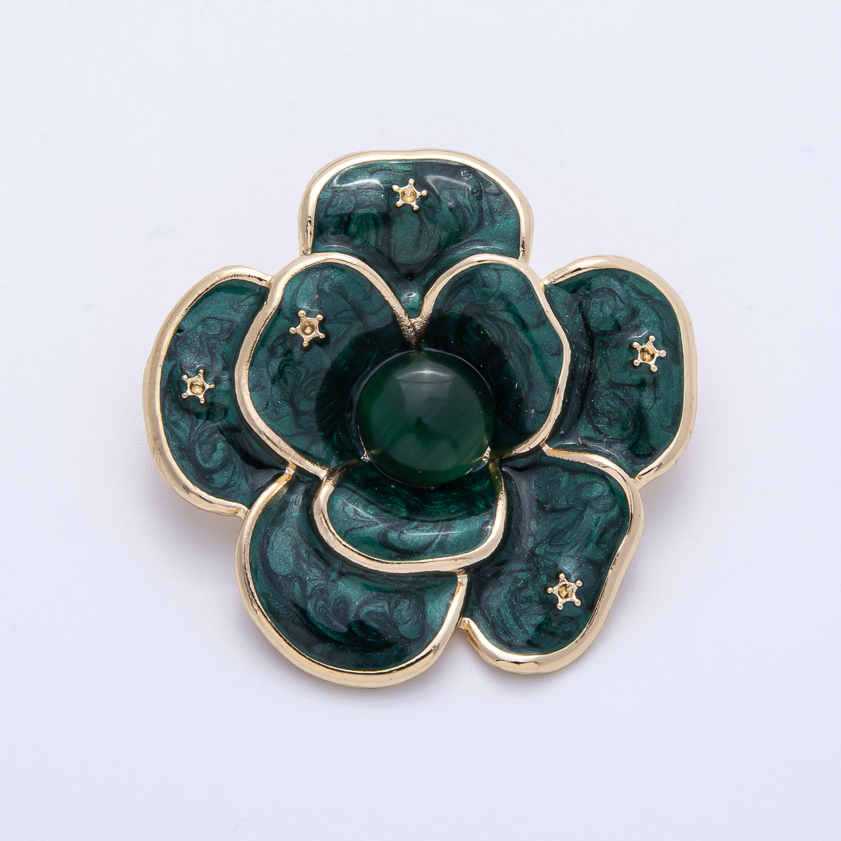 Gold 40mm x 38.4mm White, Green Enamel Flower Pin Brooch | BH-090 BH-091