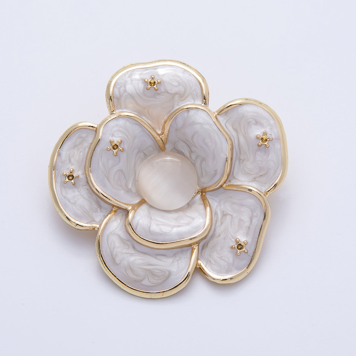 Gold 40mm x 38.4mm White, Green Enamel Flower Pin Brooch | BH-090 BH-091