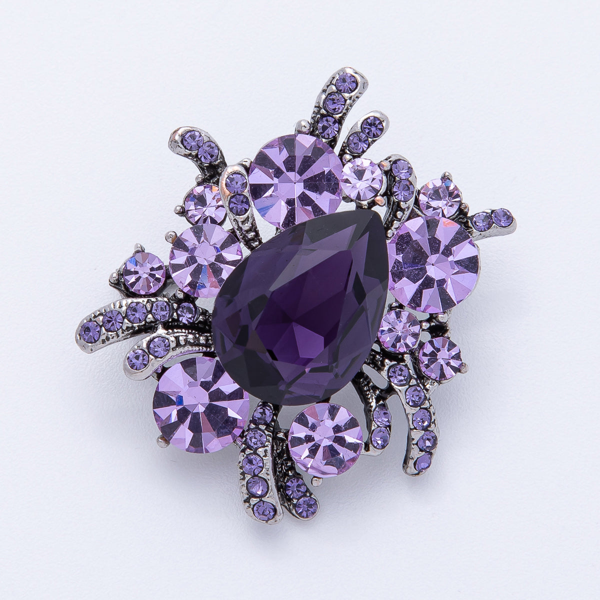 Vintage Antique Silver Brooch Purple Amethyst Crystal Pin | BH-001