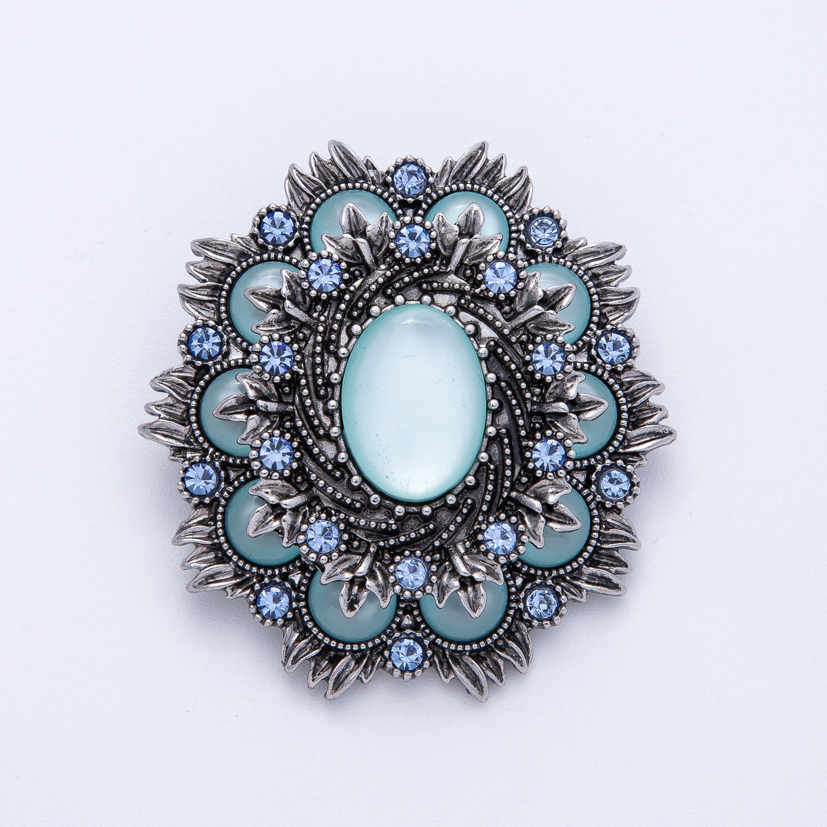 Vintage Antique Silver Flower Brooch Aqua Blue Crystal Pin | BH-002