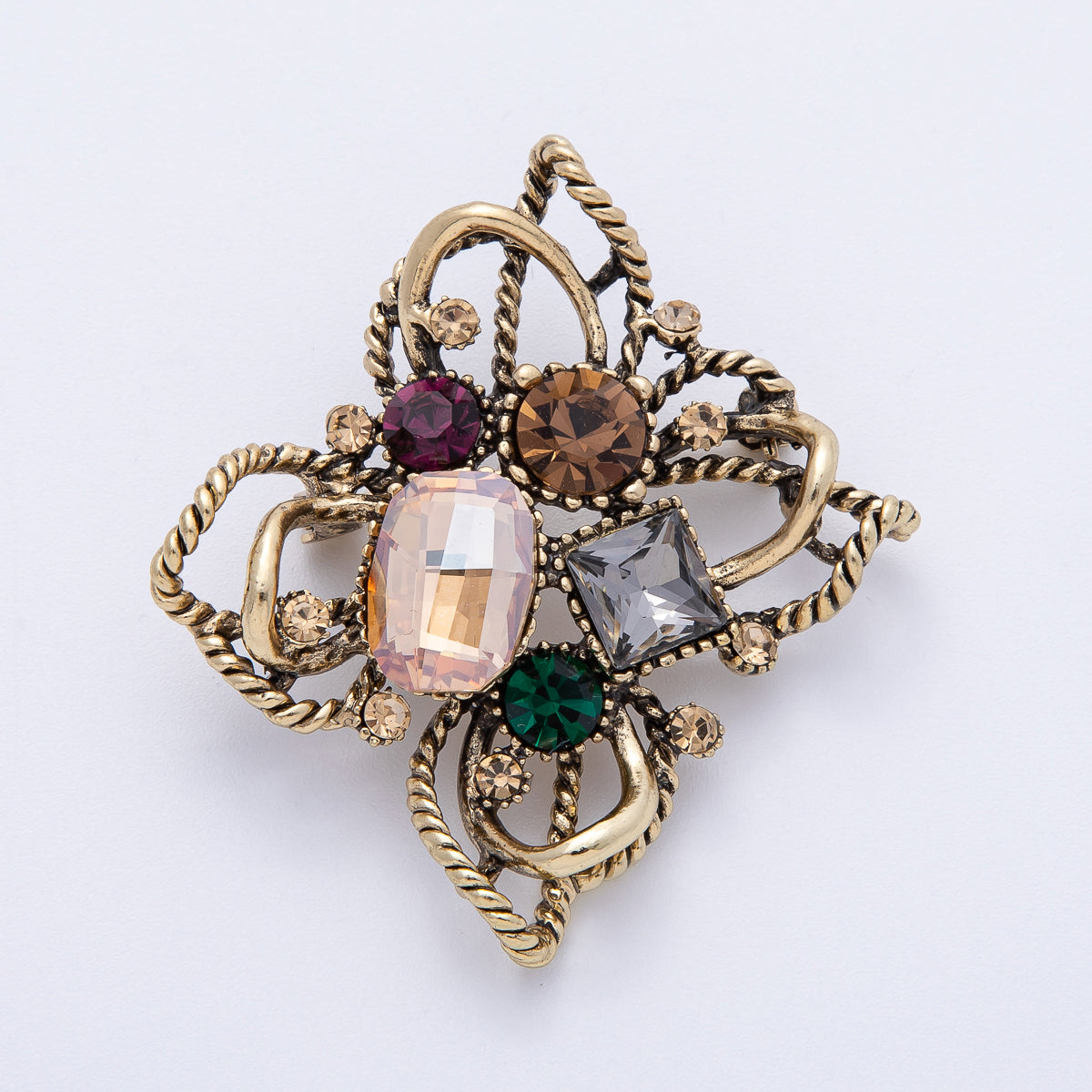 Vintage Antique Gold Multi Color Crystal Brooch floral Pin | BH-004