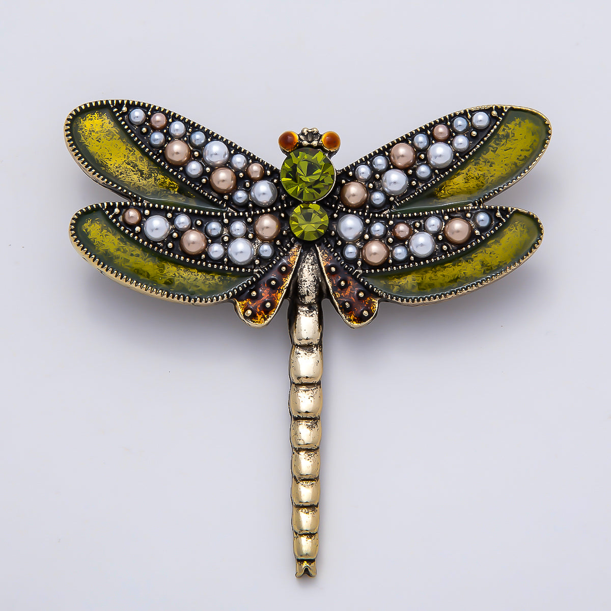 Vintage Gold 55mm Multicolor Rhinestone Shell Pearl Green Dragonfly Pin Brooch | BH-00154