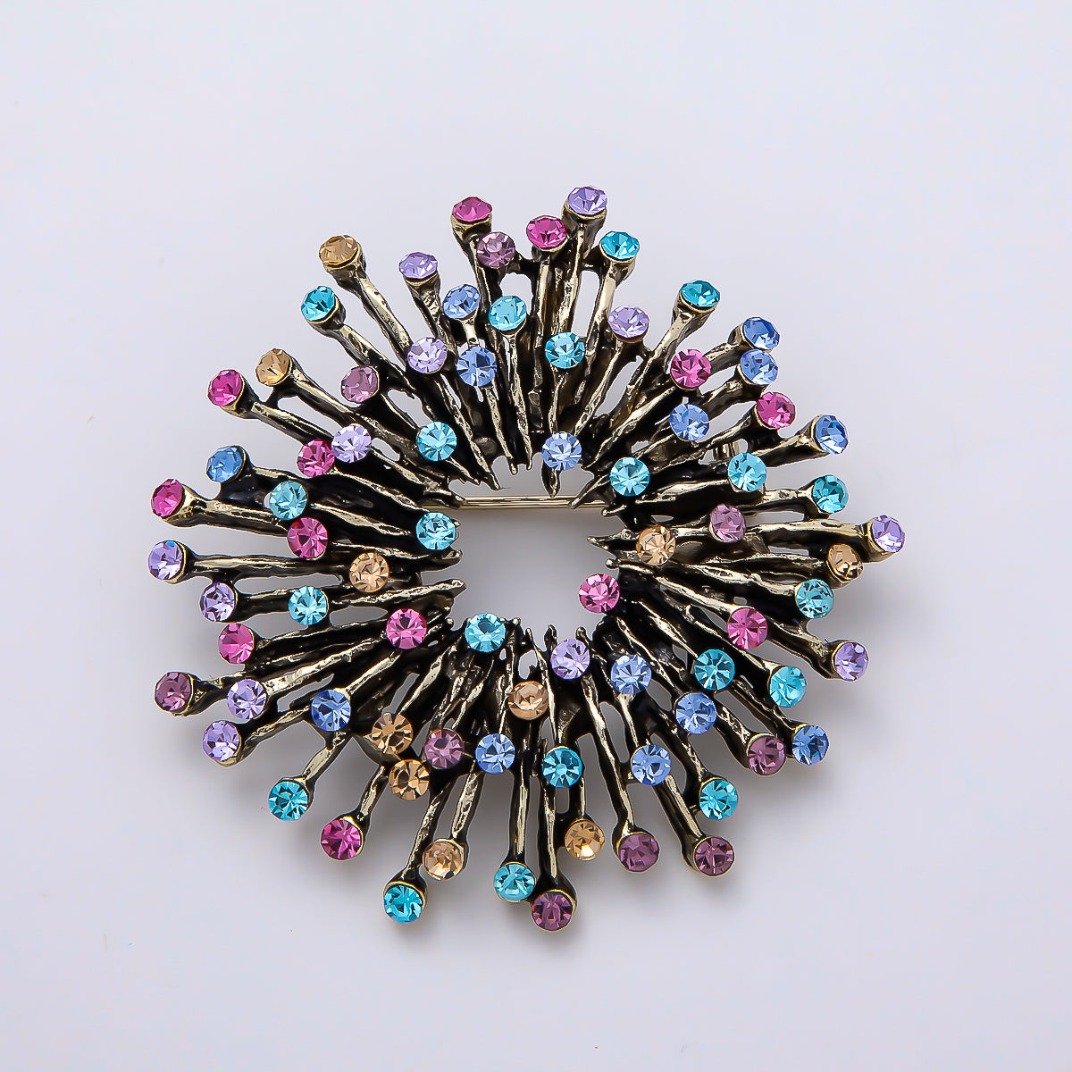 Vintage Gold 47mm Multicolor Rhinestone Sunburst Ray Pin Brooch | BH-00155