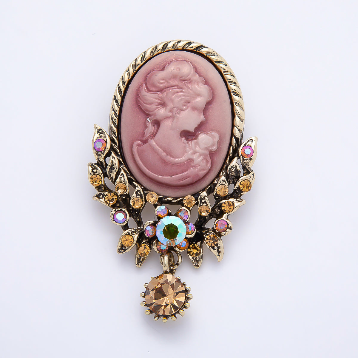 Vintage Gold 60mm Lady Portrait Cameo Pink Rhinestone Flower Drop Pin Brooch | BH-00159