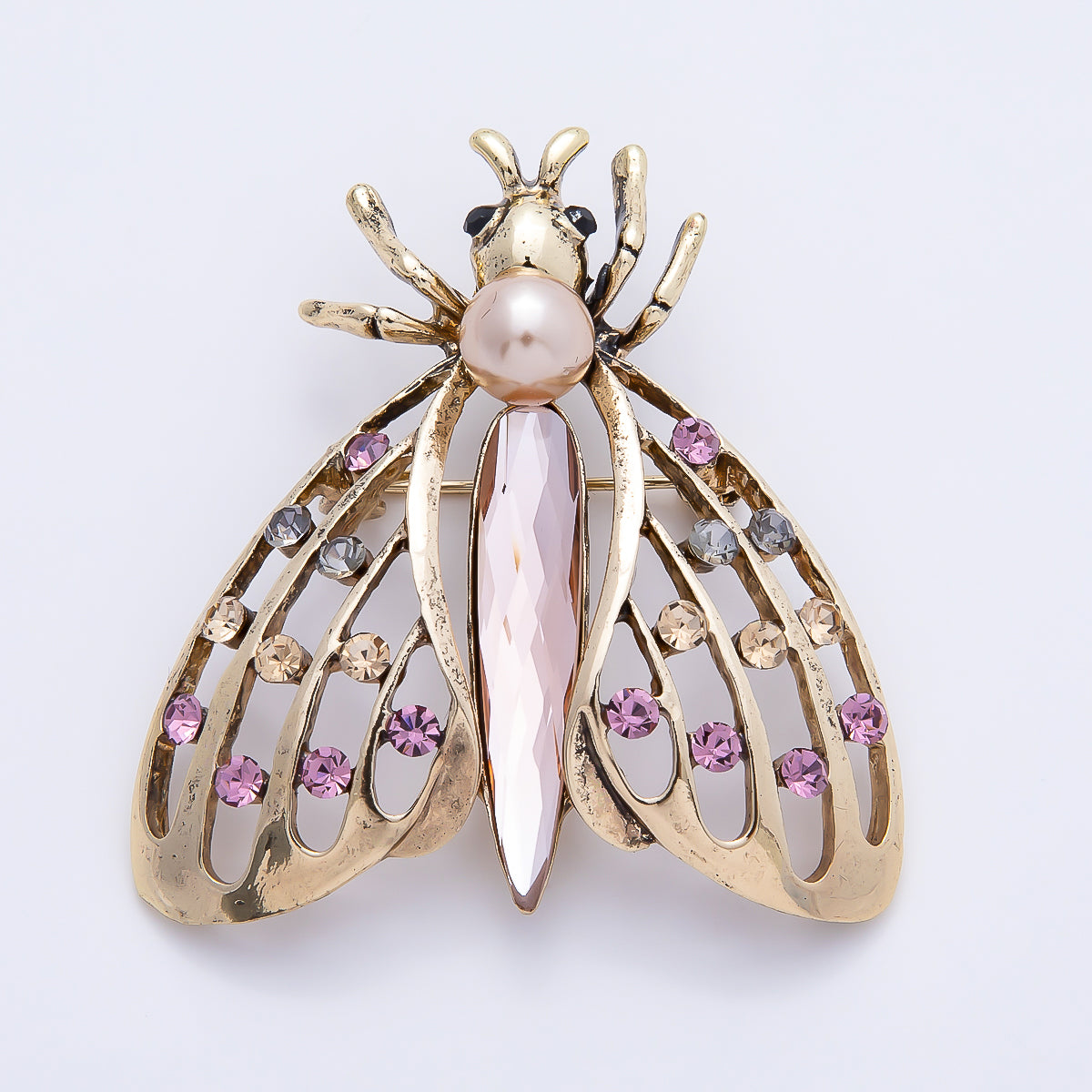 Vintage Gold 48mm Multicolor Rhinestone Dotted Open Flying Insect Animal Pin Brooch | BH-00167