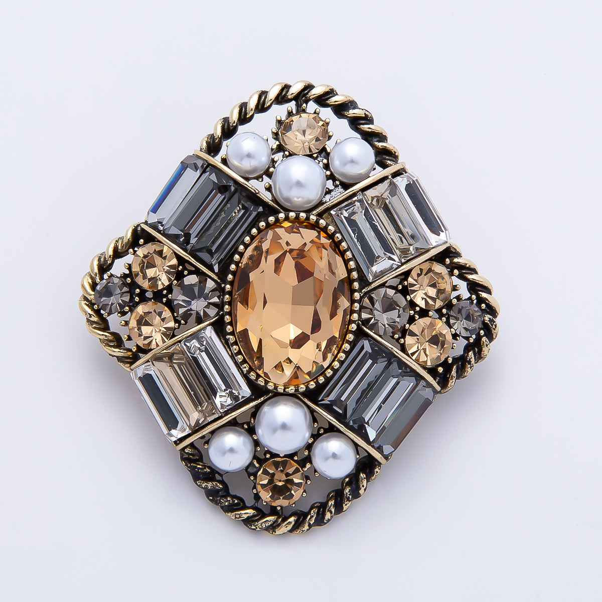 Vintage Gold 39mm Pearl Peach Champagne Rhinestone Multi-Cut Art Deco Rhombus Brooch Pin Brooch | BH-00169