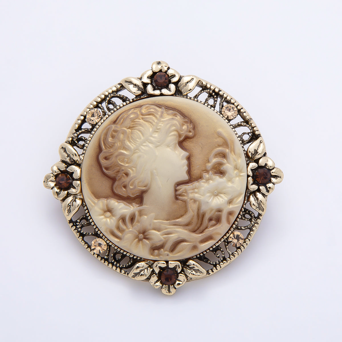 Vintage Gold 46mm Lady Portrait Cameo Flower Rhinestone Round Pin Brooch | BH-00170